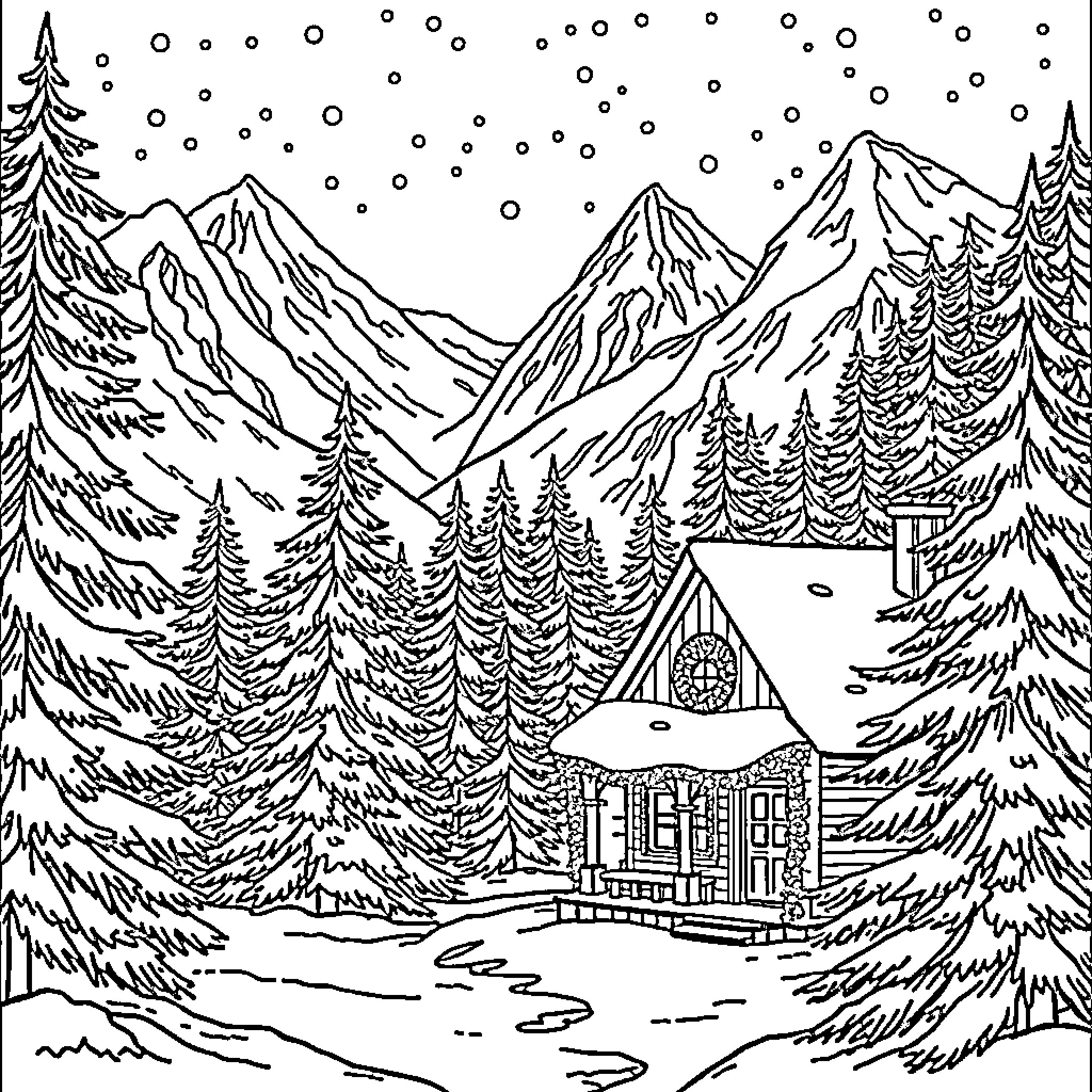 Christmas Cabin in the Snowy Mountains Coloring Page (free black-and-white line drawing printable PDF for all, from beginners to advanced learners, including children, teens, adults, and seniors)