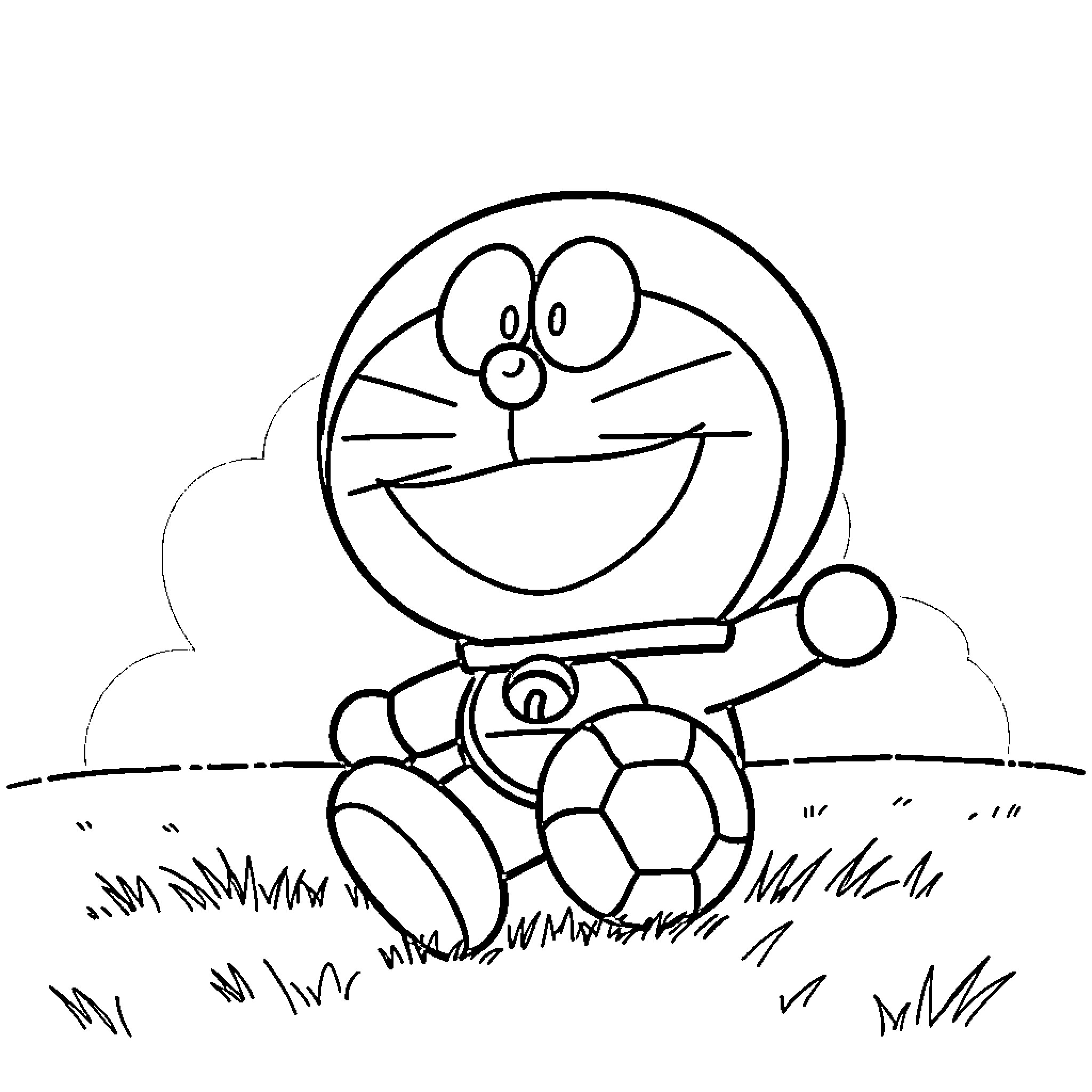 Doraemon playing with a soccer ball in a grassy field Coloring Page (free black-and-white line drawing printable PDF for all, from beginners to advanced learners, including children, teens, adults, and seniors)