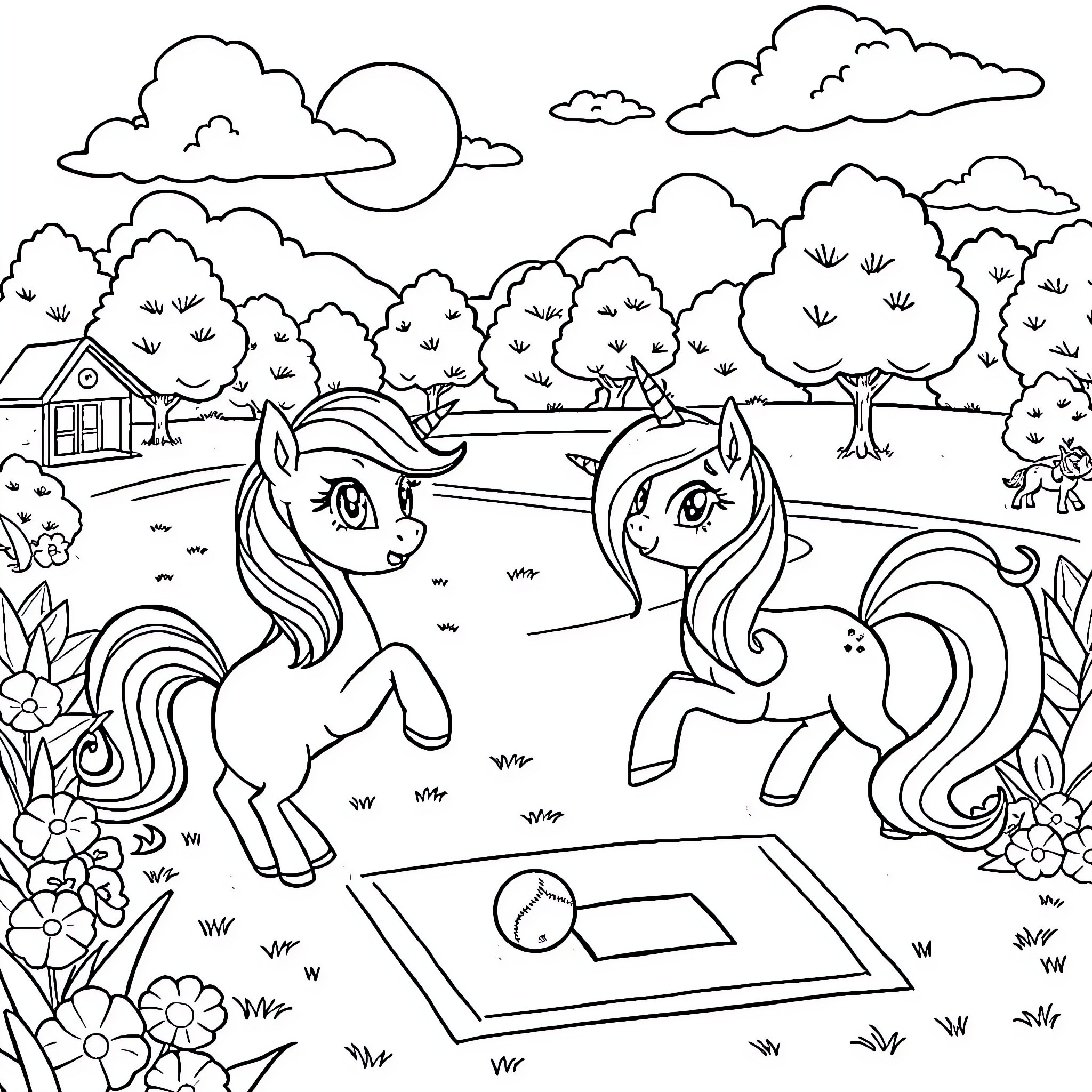 Pony friends playing joyfully in the countryside Coloring Page (free black-and-white line drawing printable PDF for all, from beginners to advanced learners, including children, teens, adults, and seniors)