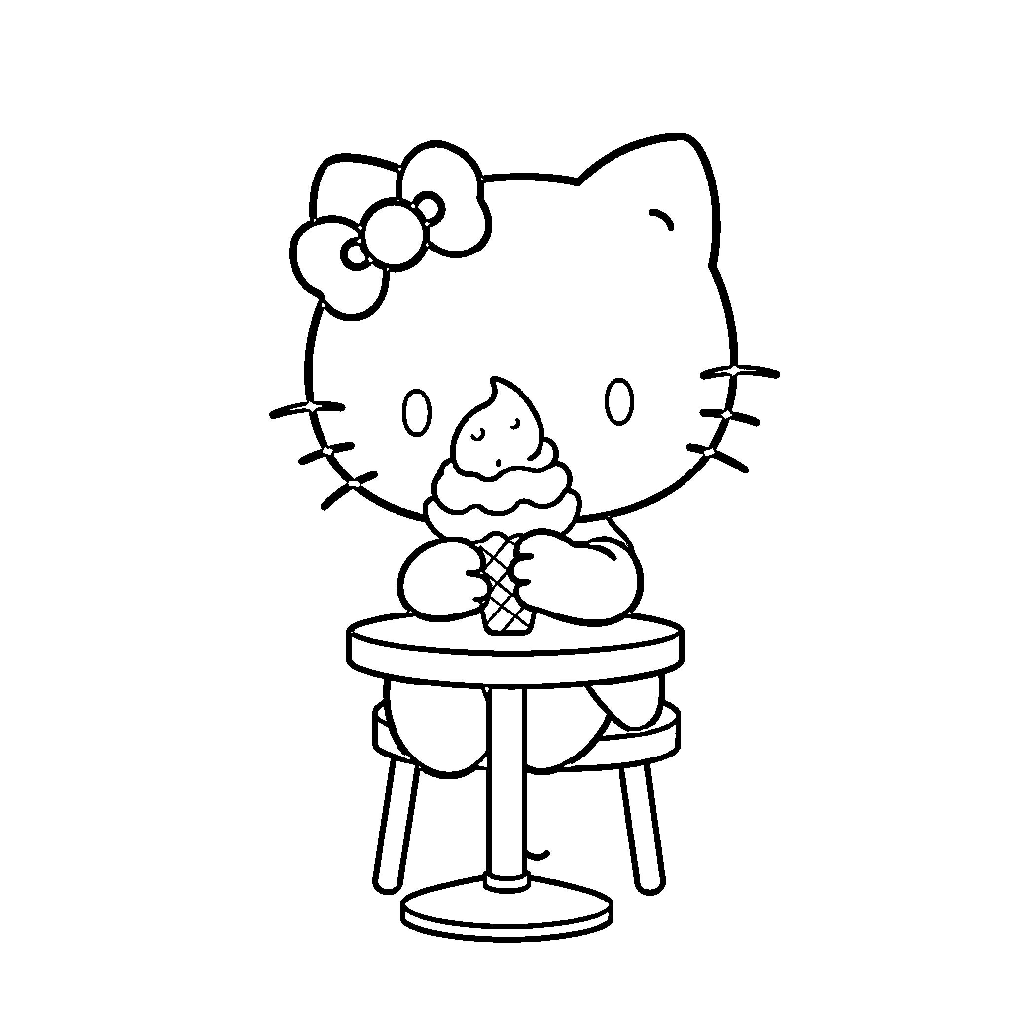 Hello Kitty enjoying an ice cream treat Coloring Page (free black-and-white line drawing printable PDF for all, from beginners to advanced learners, including children, teens, adults, and seniors)