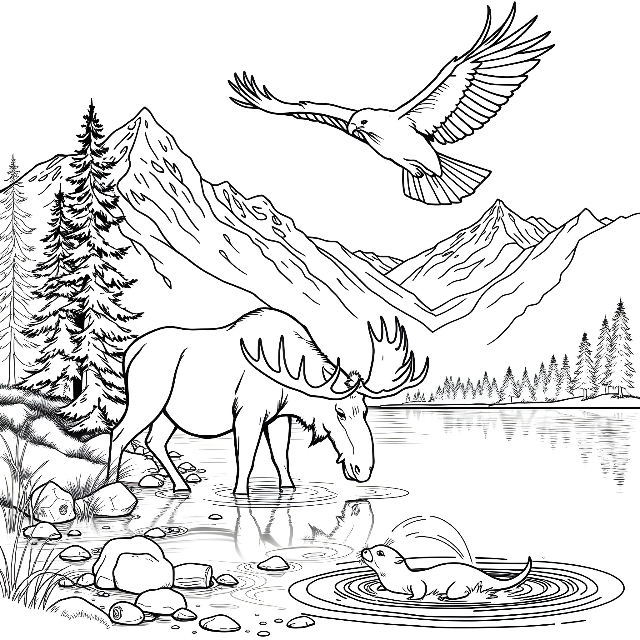 Animal in wild nature landscape with flying bird Coloring Page (free black-and-white line drawing printable PDF for all, from beginners to advanced learners, including children, teens, adults, and seniors)