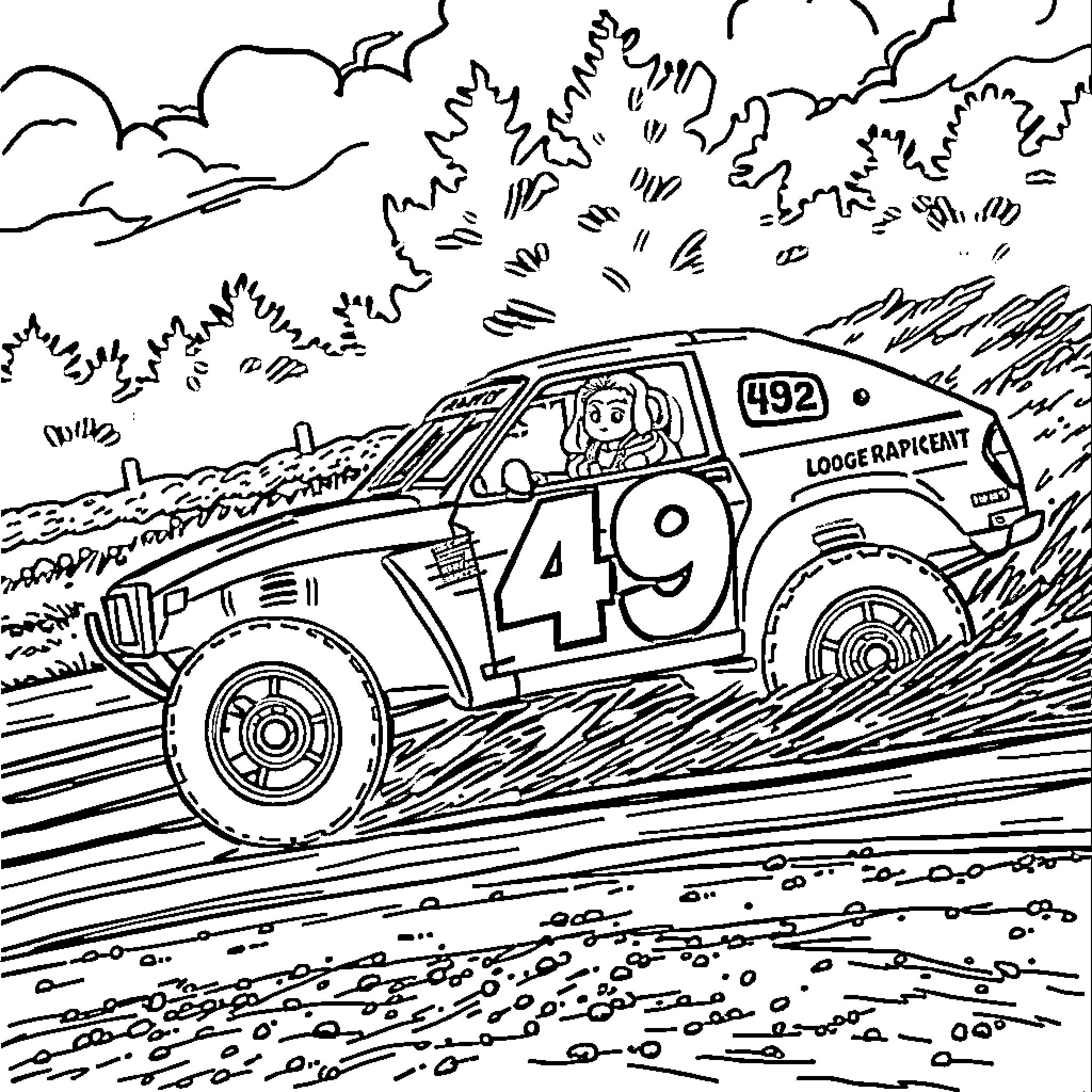 Dirt Track Race Car in Action Coloring Page (free black-and-white line drawing printable PDF for all, from beginners to advanced learners, including children, teens, adults, and seniors)
