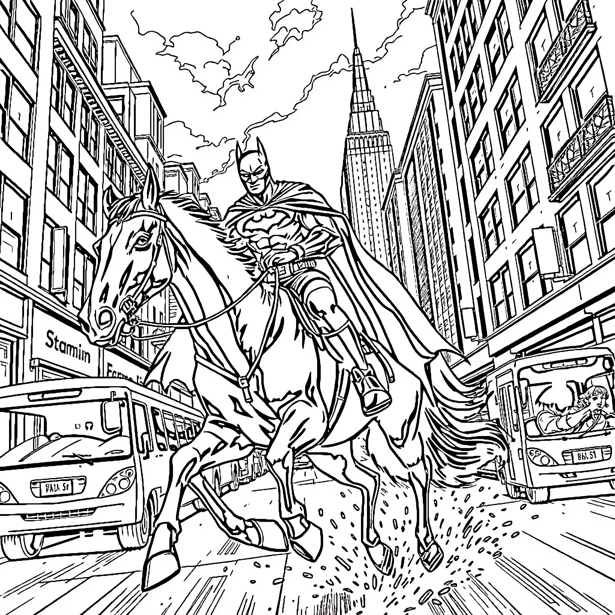 Batman riding a horse through the city streets Coloring Page (free black-and-white line drawing printable PDF for all, from beginners to advanced learners, including children, teens, adults, and seniors)