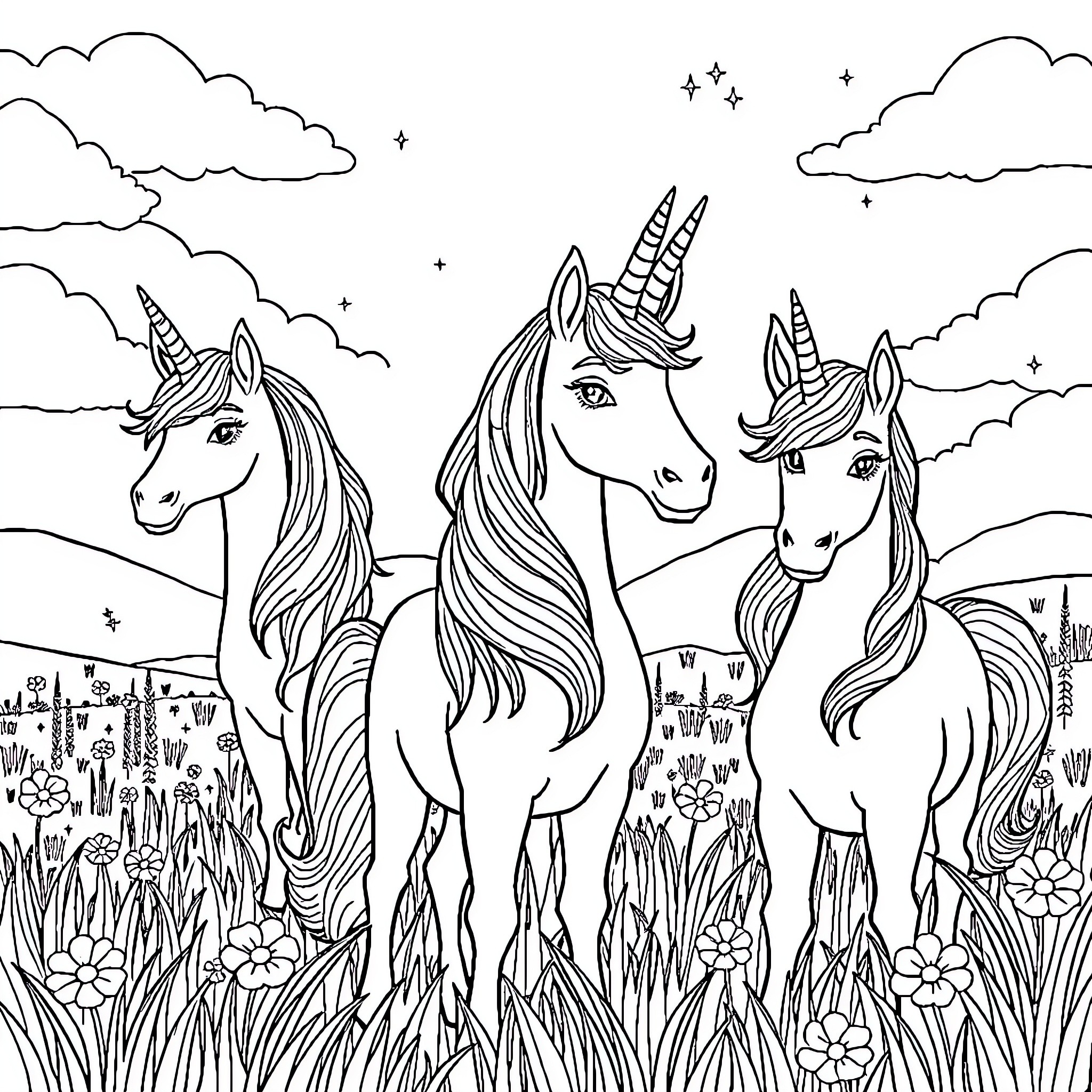 Unicorn Family in a Magical Meadow Coloring Page (free black-and-white line drawing printable PDF for all, from beginners to advanced learners, including children, teens, adults, and seniors)