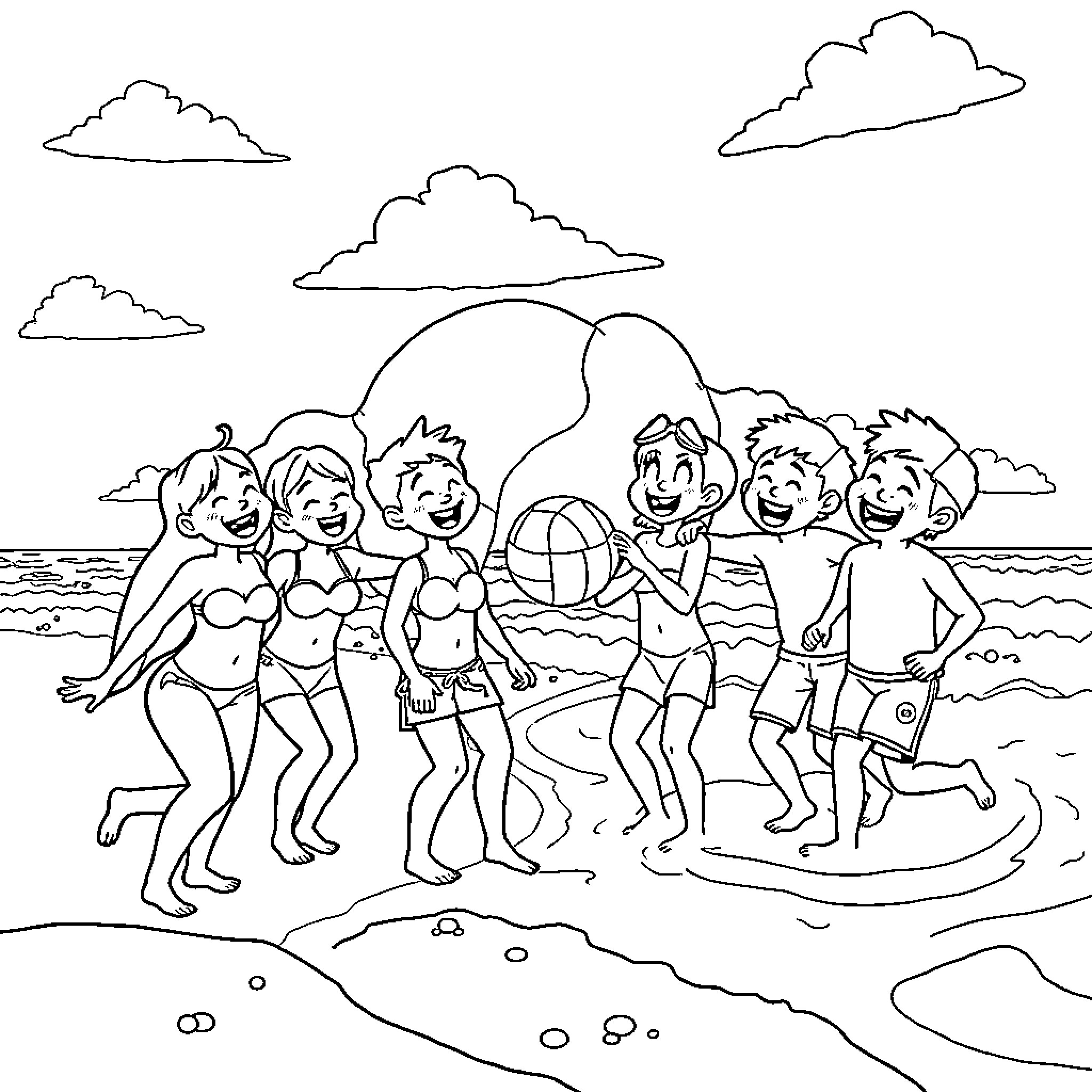 Character Group playing on the Beach Coloring Page (free black-and-white line drawing printable PDF for all, from beginners to advanced learners, including children, teens, adults, and seniors)
