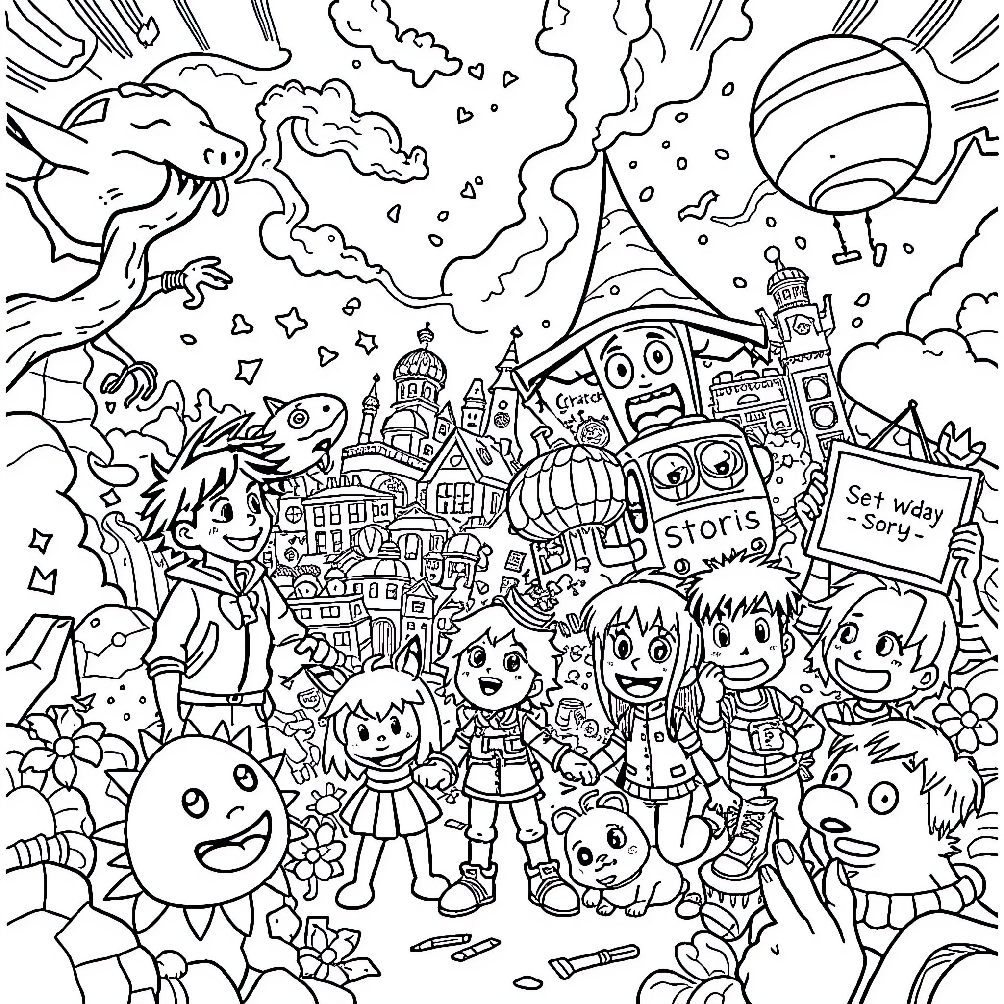 Manga Whimsical Adventure in a Colorful Fantasy World Coloring Page (free black-and-white line drawing printable PDF for all, from beginners to advanced learners, including children, teens, adults, and seniors)