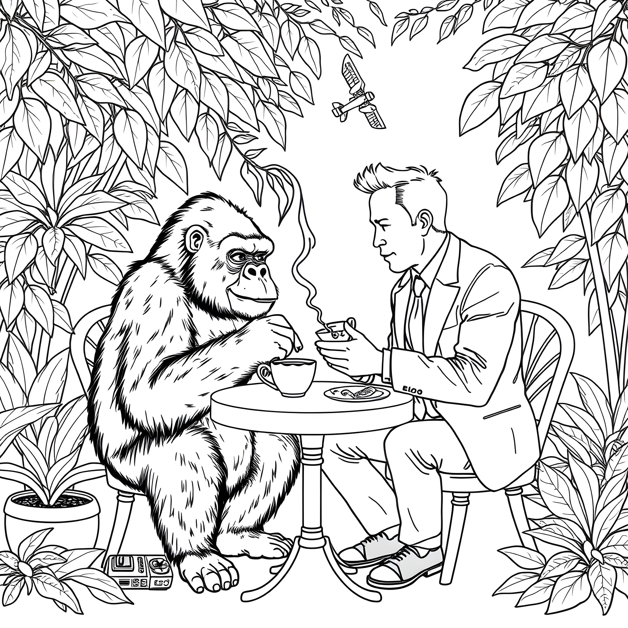 Gorilla and Man Enjoying Tea in Nature Coloring Page (free black-and-white line drawing printable PDF for all, from beginners to advanced learners, including children, teens, adults, and seniors)