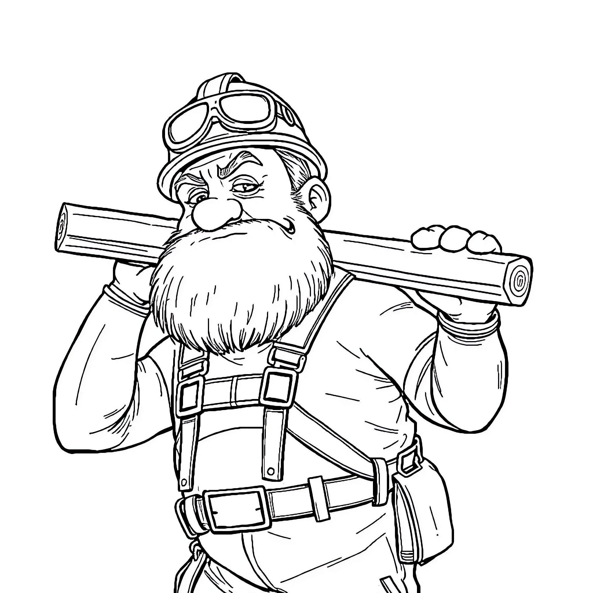 Big Lez Miner with Gear and Equipment Coloring Page (free black-and-white line drawing printable PDF for all, from beginners to advanced learners, including children, teens, adults, and seniors)