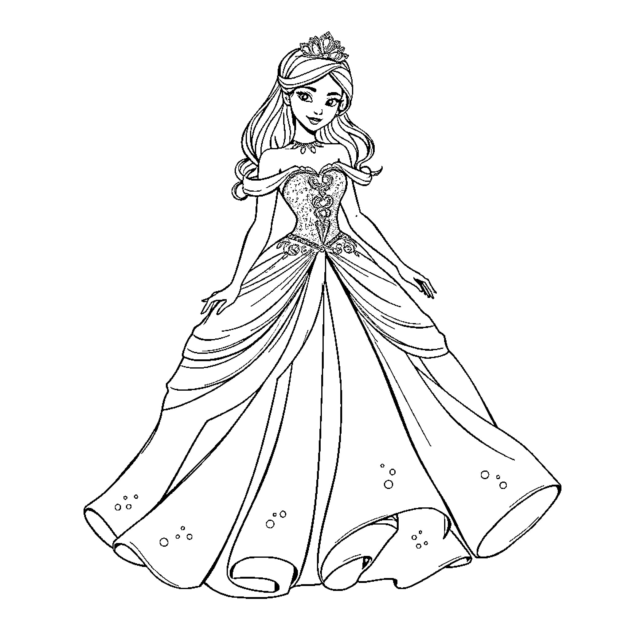 Princess in Elegant Ballroom Gown Coloring Page (free black-and-white line drawing printable PDF for all, from beginners to advanced learners, including children, teens, adults, and seniors)