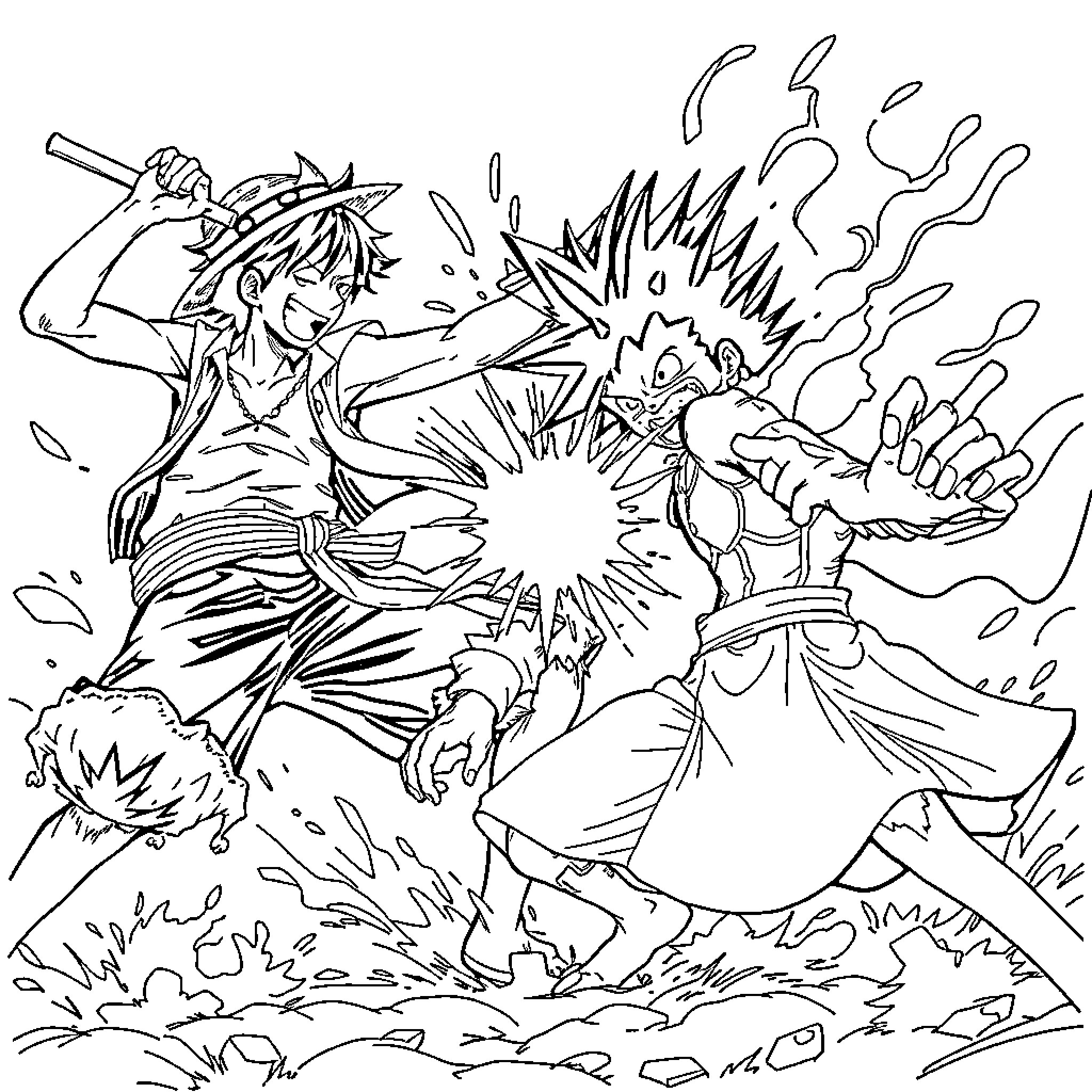One Piece: Intense Battle Between Characters Coloring Page (free black-and-white line drawing printable PDF for all, from beginners to advanced learners, including children, teens, adults, and seniors)