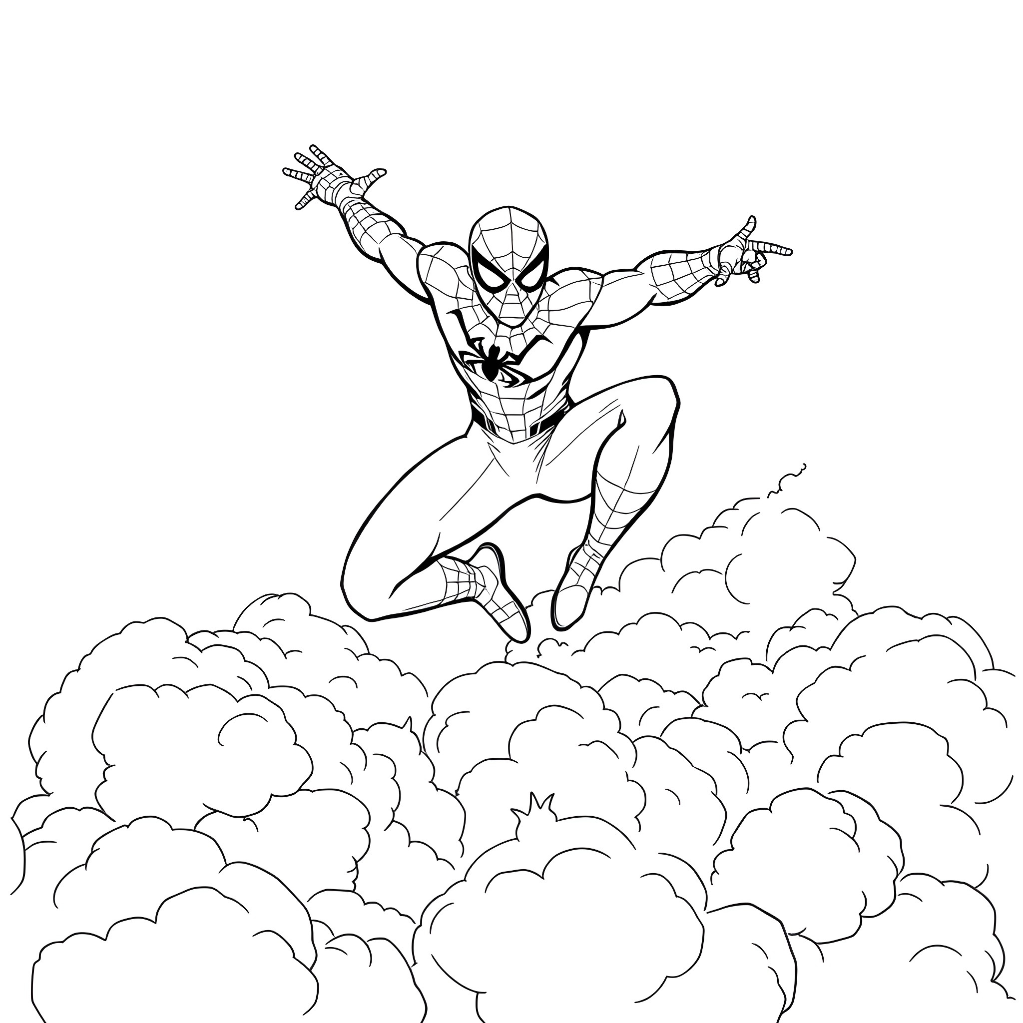 Spider-Man swinging through the air with web Coloring Page (free black-and-white line drawing printable PDF for all, from beginners to advanced learners, including children, teens, adults, and seniors)