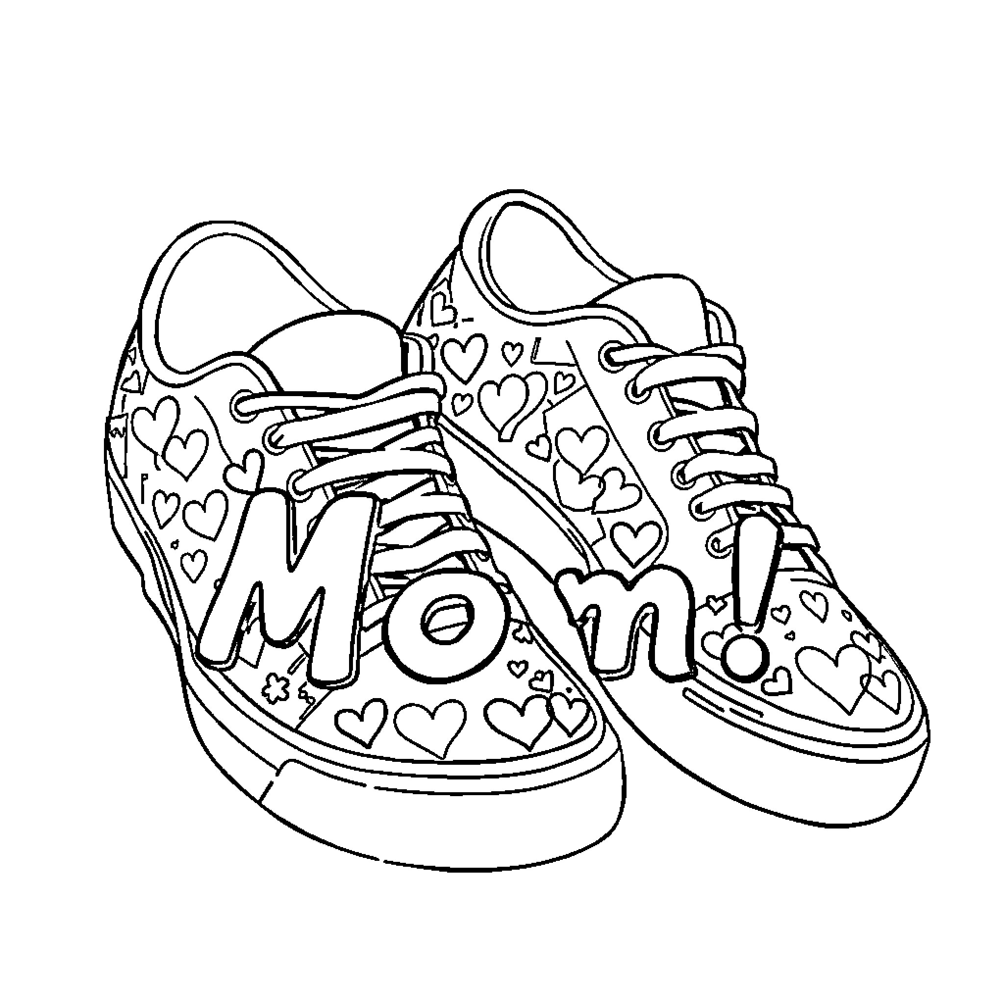 Mother and Child's Matching Heart-Patterned Sneakers Coloring Page (free black-and-white line drawing printable PDF for all, from beginners to advanced learners, including children, teens, adults, and seniors)