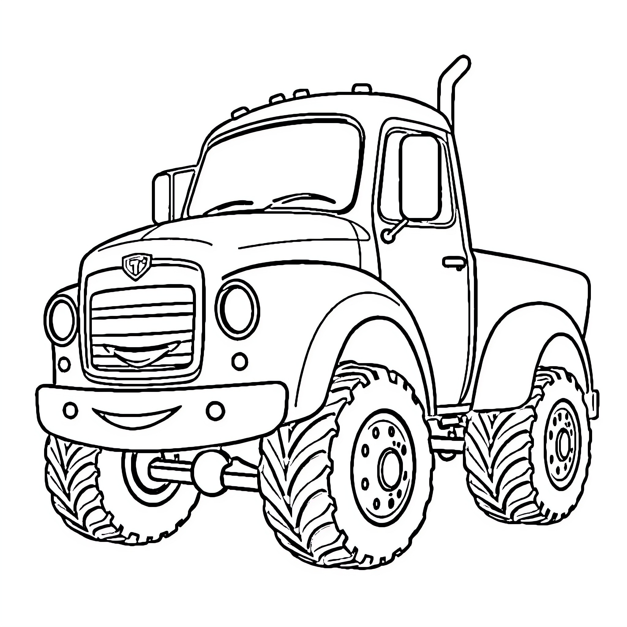 Truck with large tires and equipment Coloring Page (free black-and-white line drawing printable PDF for all, from beginners to advanced learners, including children, teens, adults, and seniors)