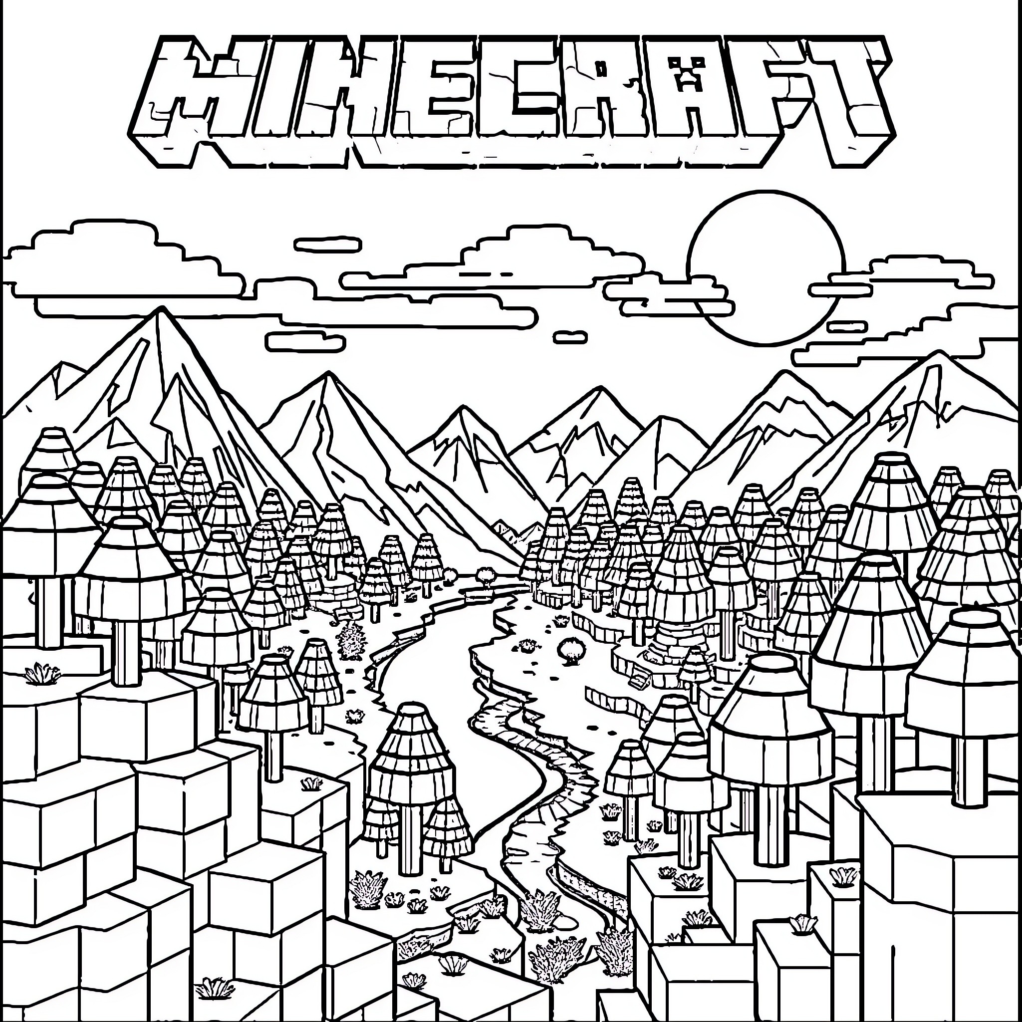 Minecraft scenic landscape with mountains, buildings, and nature Coloring Page (free black-and-white line drawing printable PDF for all, from beginners to advanced learners, including children, teens, adults, and seniors)