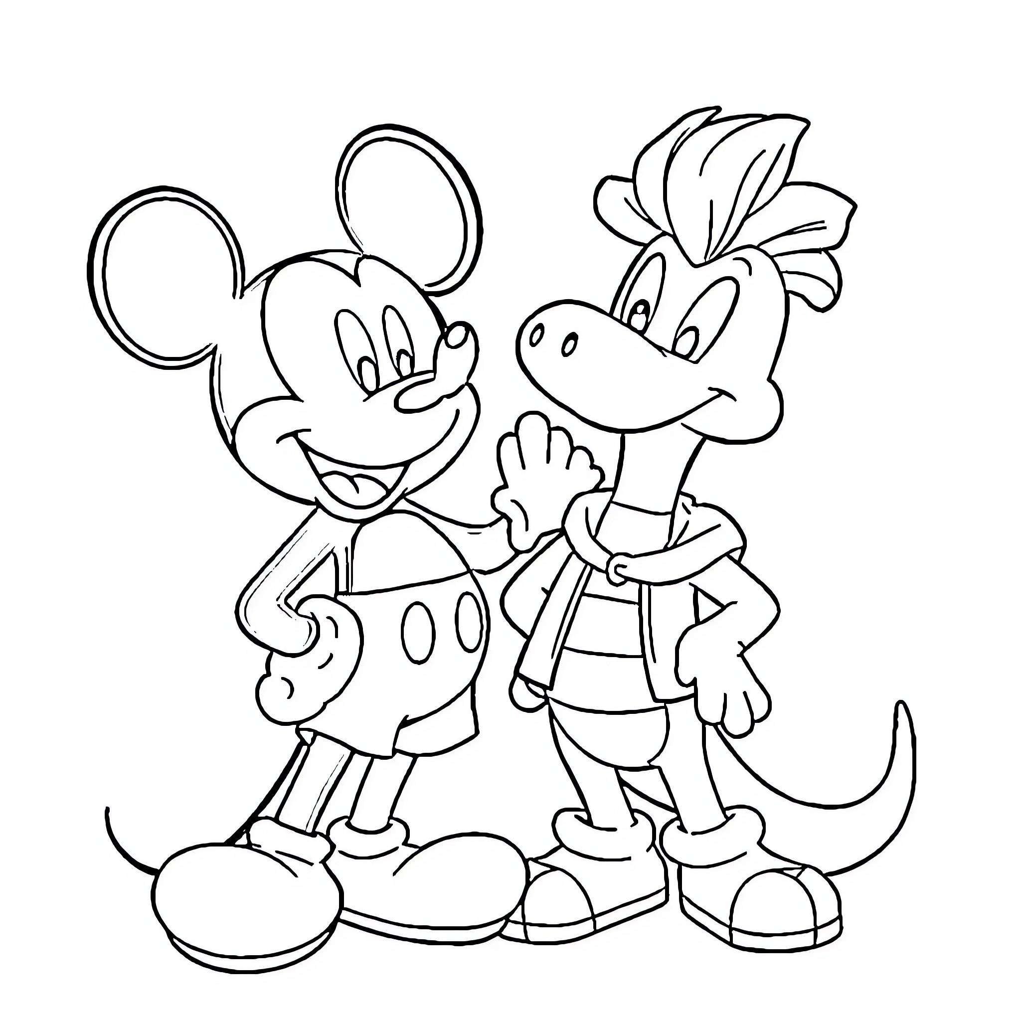 Mickey and Pluto's Friendly Adventure Coloring Page (free black-and-white line drawing printable PDF for all, from beginners to advanced learners, including children, teens, adults, and seniors)