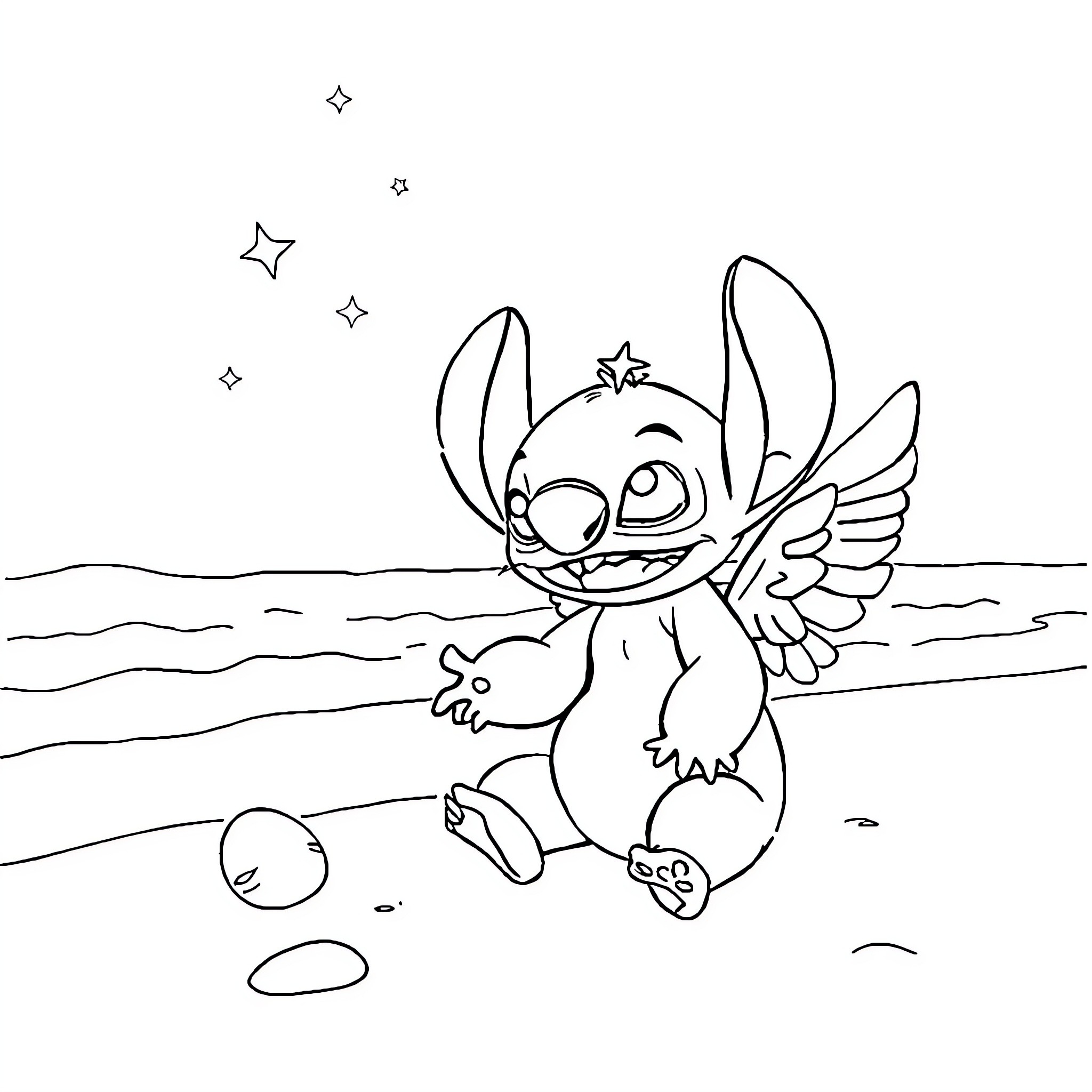 Stitch playing joyfully on the beach Coloring Page (free black-and-white line drawing printable PDF for all, from beginners to advanced learners, including children, teens, adults, and seniors)