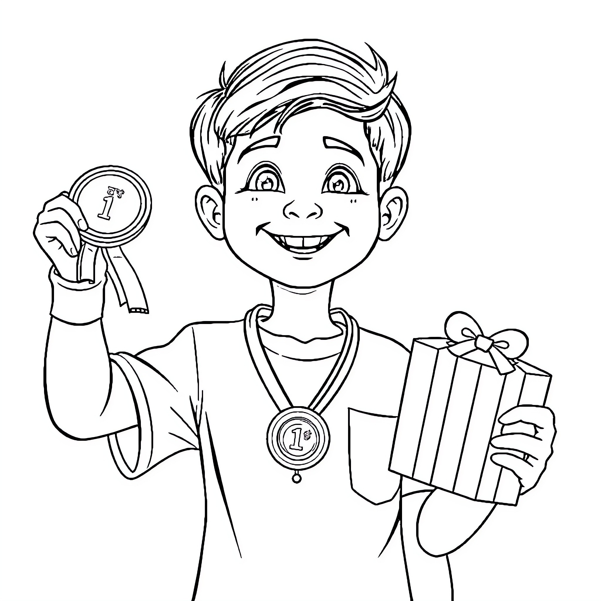 Boy proudly holding medal and gift box Coloring Page (free black-and-white line drawing printable PDF for all, from beginners to advanced learners, including children, teens, adults, and seniors)