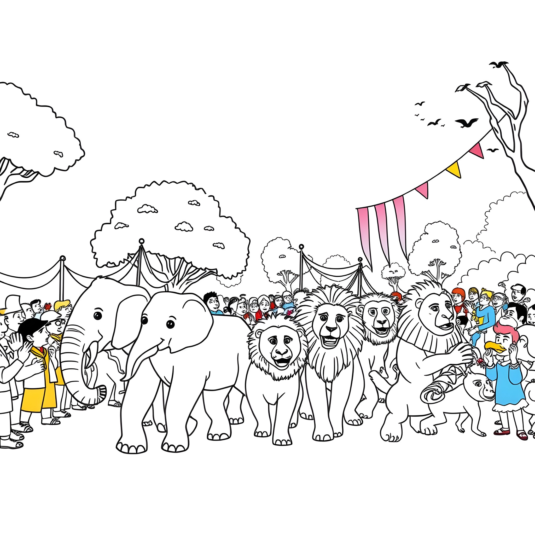 Zoo Animals Entertaining Crowd at Carnival Festival Coloring Page (free black-and-white line drawing printable PDF for all, from beginners to advanced learners, including children, teens, adults, and seniors)