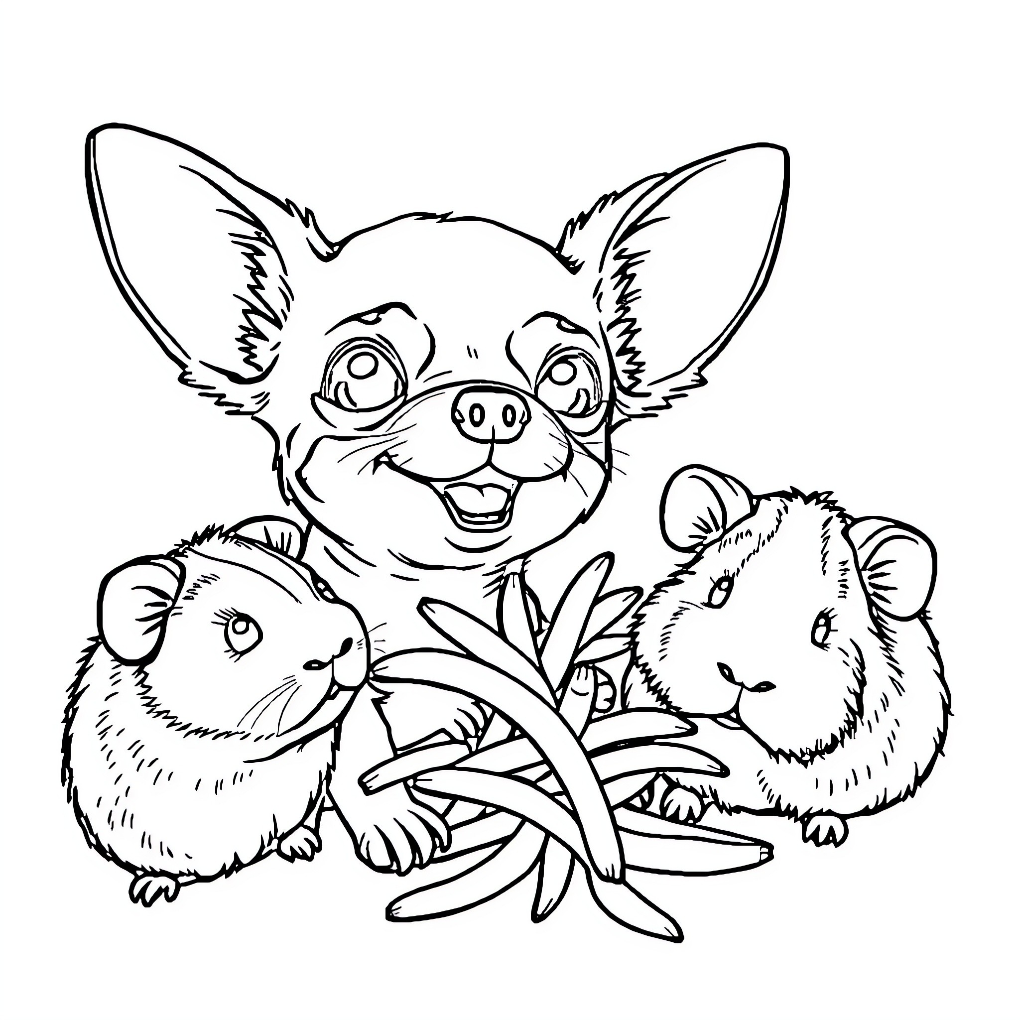Chihuahua playing happily with guinea pigs Coloring Page (free black-and-white line drawing printable PDF for all, from beginners to advanced learners, including children, teens, adults, and seniors)