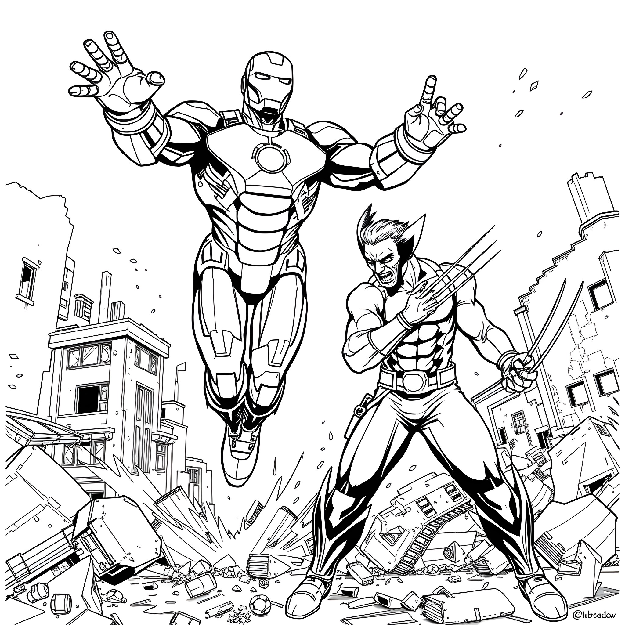 Iron Man and Wolverine in Epic Superhero Battle Coloring Page (free black-and-white line drawing printable PDF for all, from beginners to advanced learners, including children, teens, adults, and seniors)