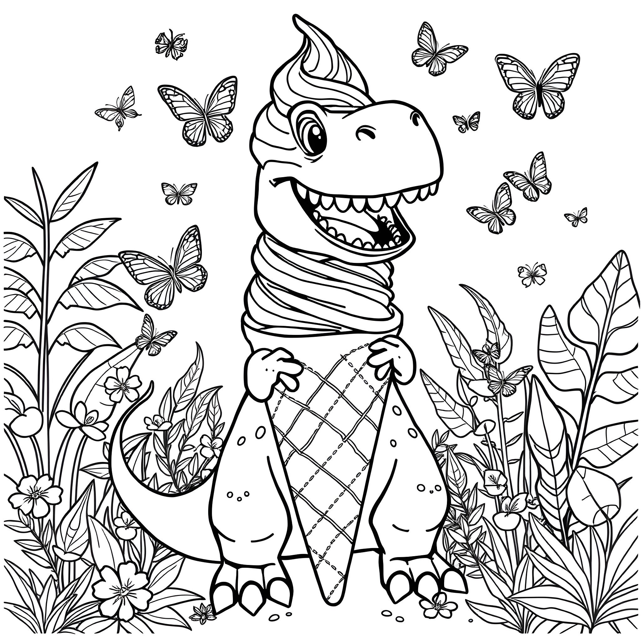 Dinosaur enjoying an ice cream cone in the nature Coloring Page (free black-and-white line drawing printable PDF for all, from beginners to advanced learners, including children, teens, adults, and seniors)