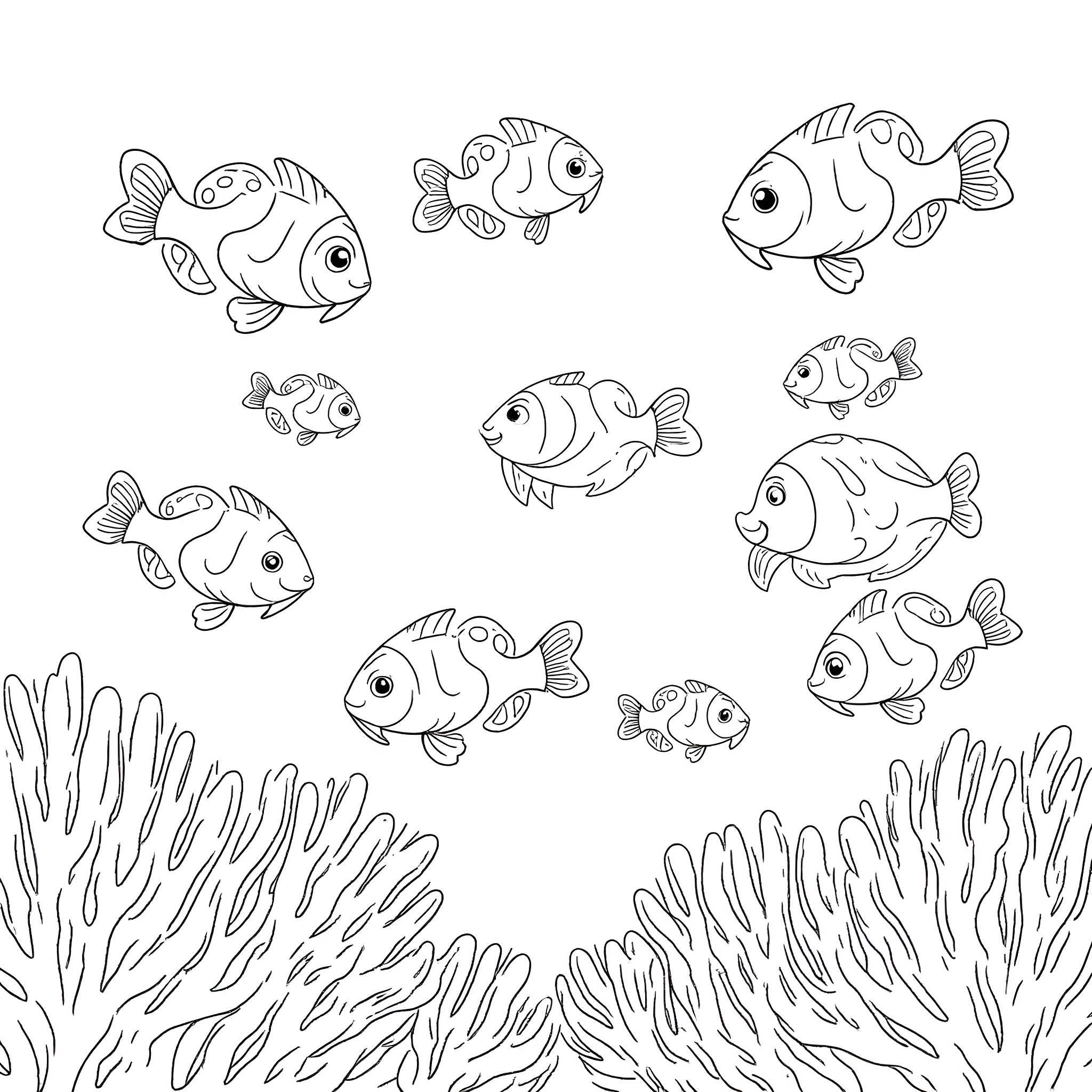 Clown Fish Swimming Playfully in the Ocean Coloring Page (free black-and-white line drawing printable PDF for all, from beginners to advanced learners, including children, teens, adults, and seniors)