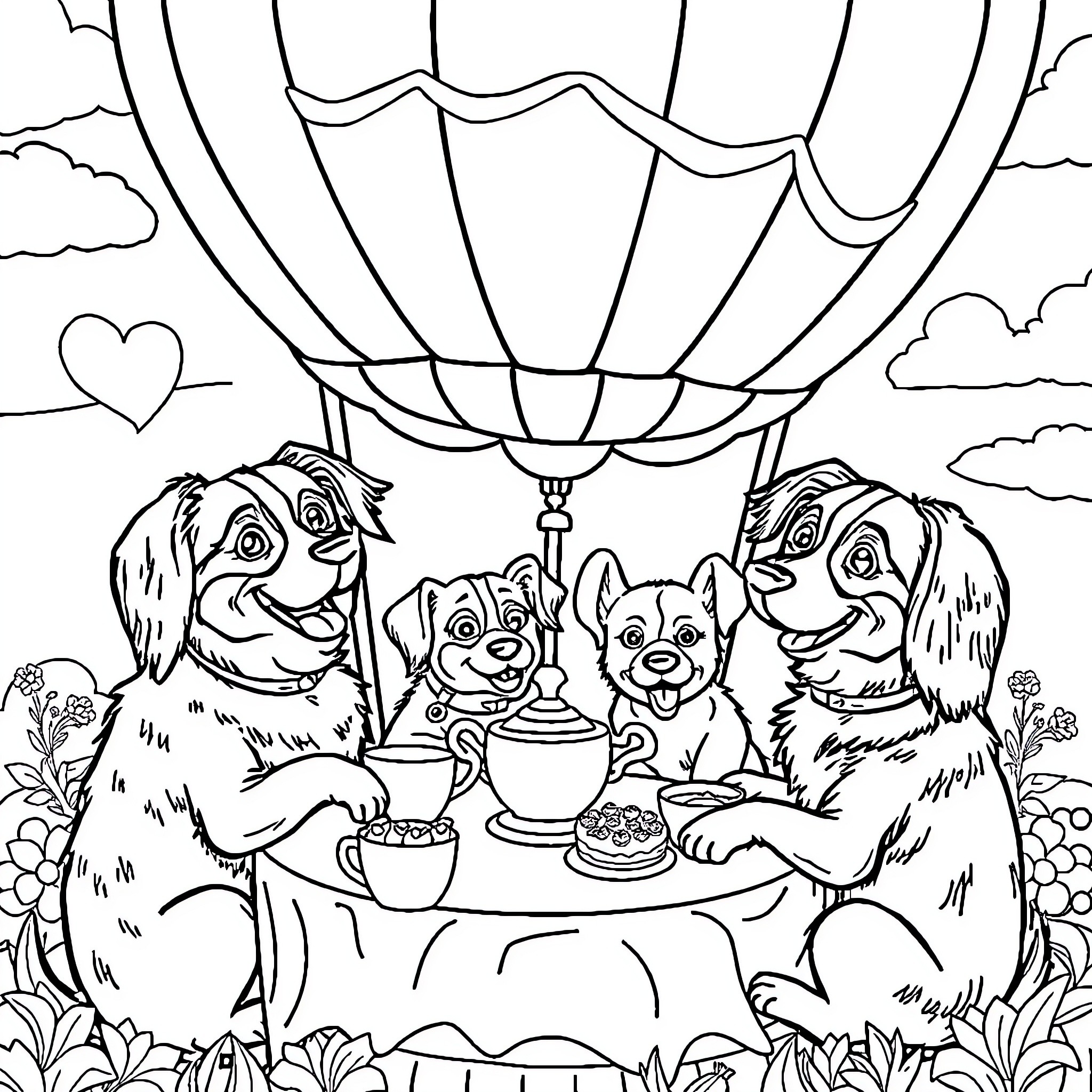 Dogs Having a Picnic in a Hot Air Balloon Coloring Page (free black-and-white line drawing printable PDF for all, from beginners to advanced learners, including children, teens, adults, and seniors)