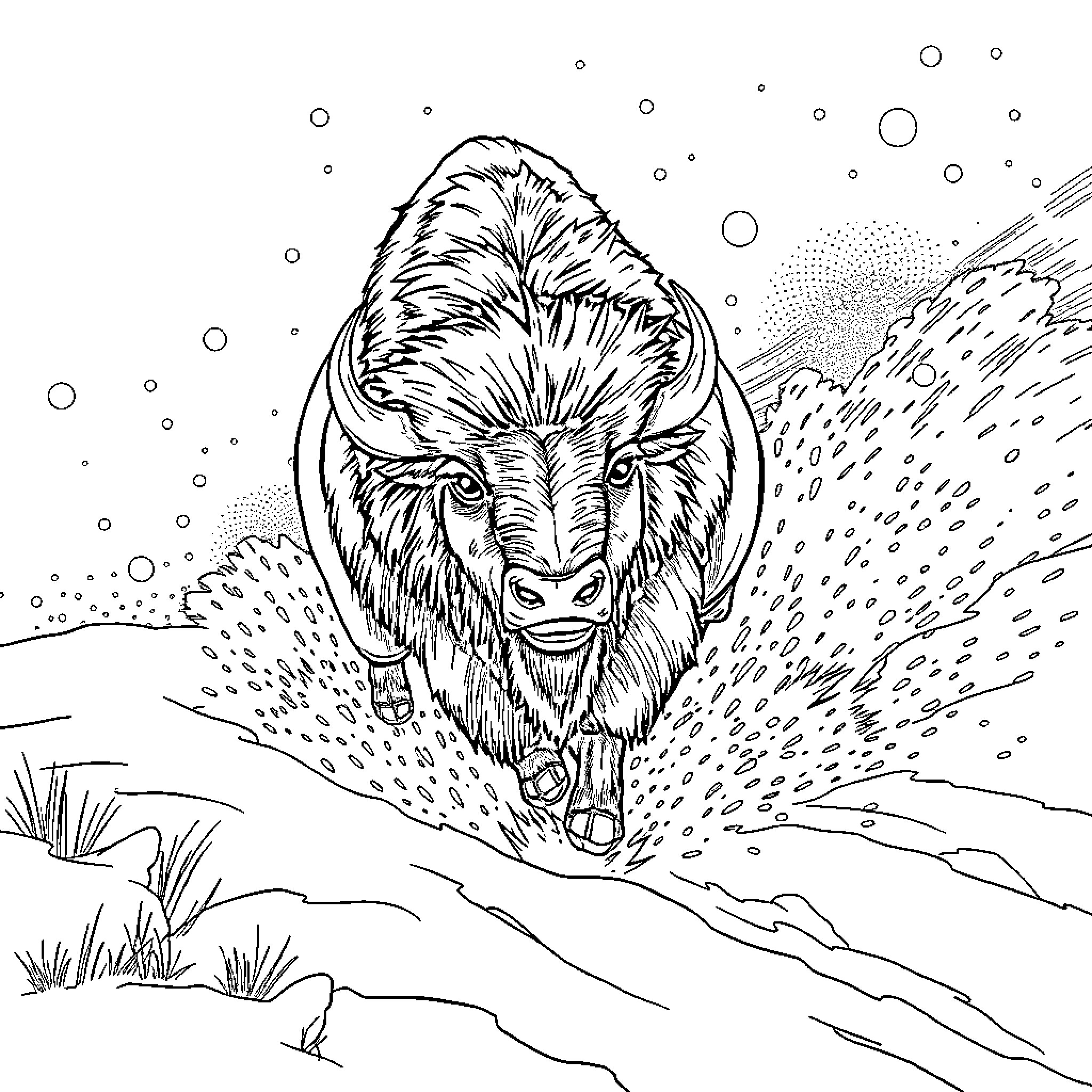 Bison charging through snowy landscape Coloring Page (free black-and-white line drawing printable PDF for all, from beginners to advanced learners, including children, teens, adults, and seniors)