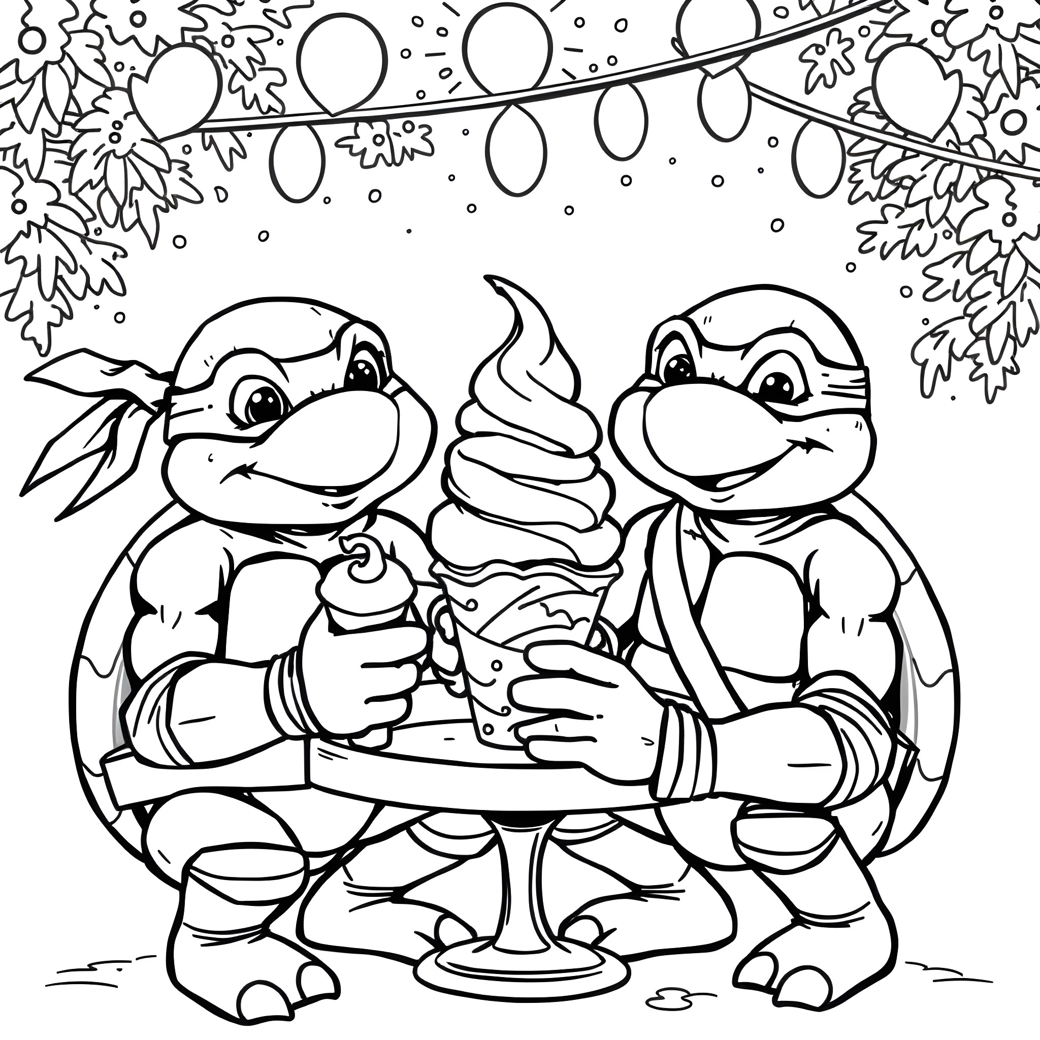 Ninja Turtles enjoying ice cream under festive lights Coloring Page (free black-and-white line drawing printable PDF for all, from beginners to advanced learners, including children, teens, adults, and seniors)