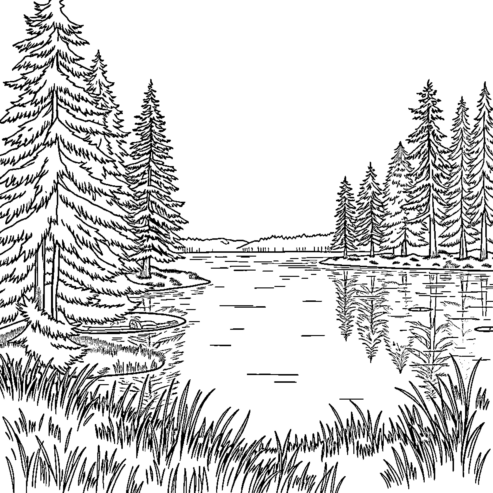 Lake surrounded by pine forest landscape Coloring Page (free black-and-white line drawing printable PDF for all, from beginners to advanced learners, including children, teens, adults, and seniors)