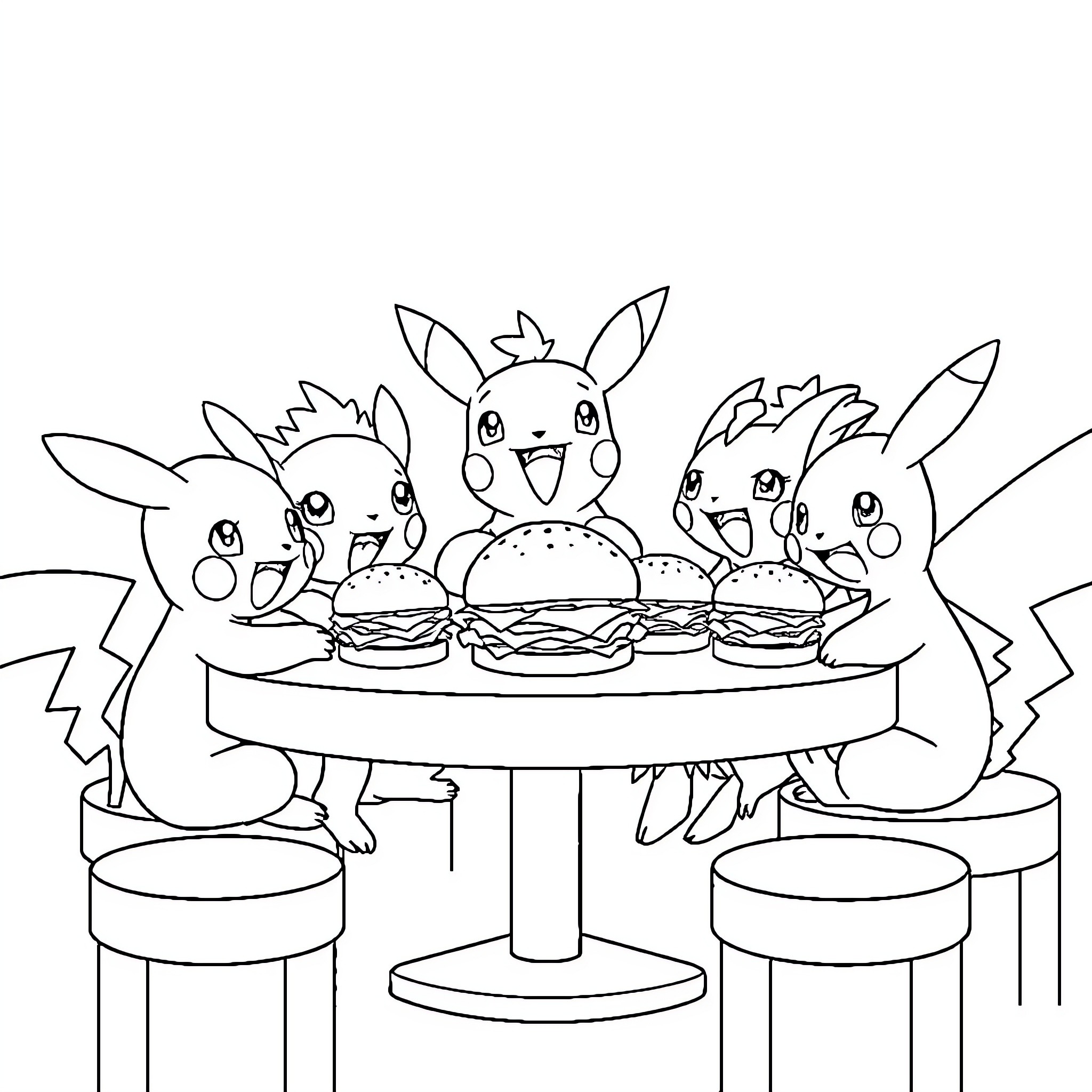 Pokémon enjoying burgers together Coloring Page (free black-and-white line drawing printable PDF for all, from beginners to advanced learners, including children, teens, adults, and seniors)