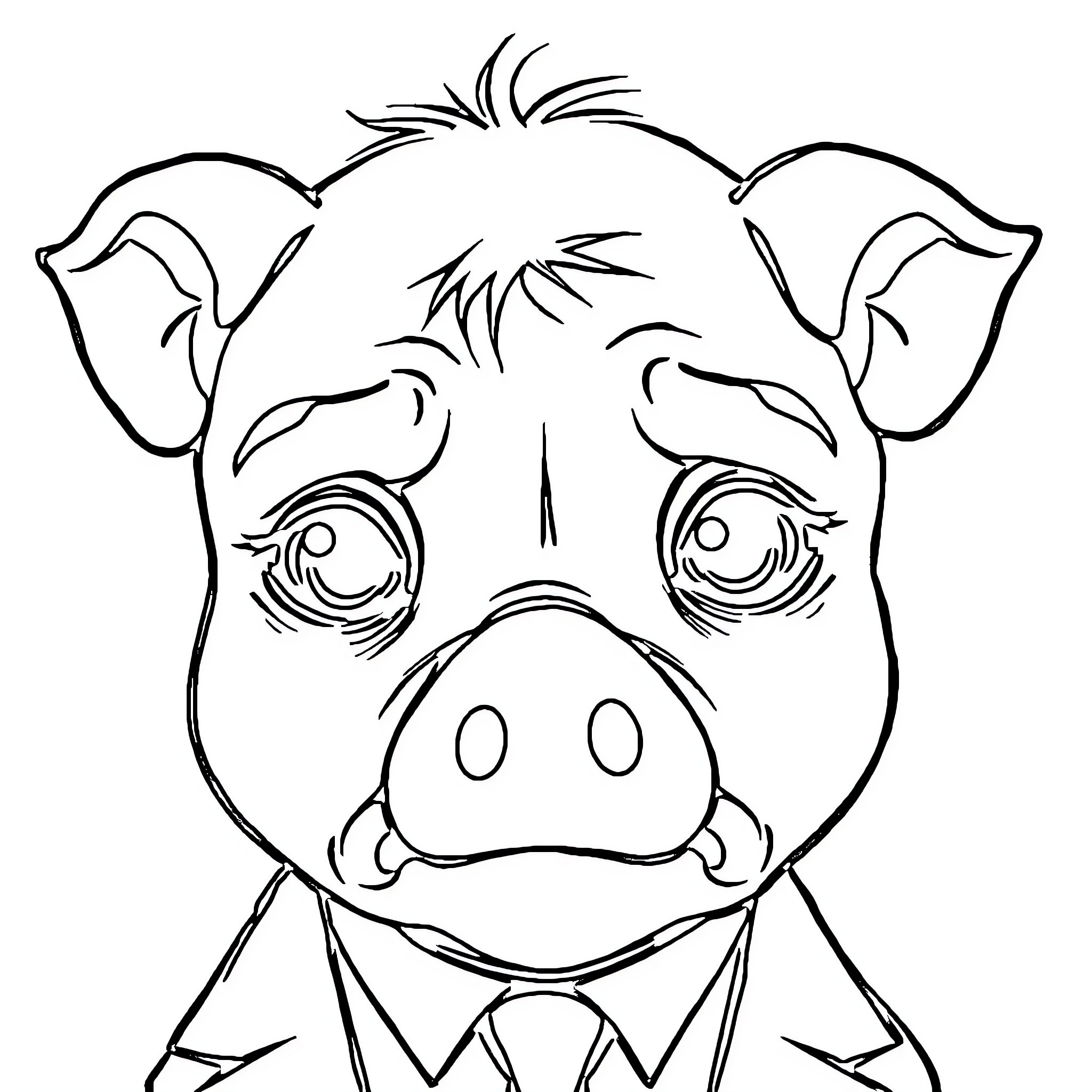 Pig in a Suit Making a Funny Face Coloring Page (free black-and-white line drawing printable PDF for all, from beginners to advanced learners, including children, teens, adults, and seniors)