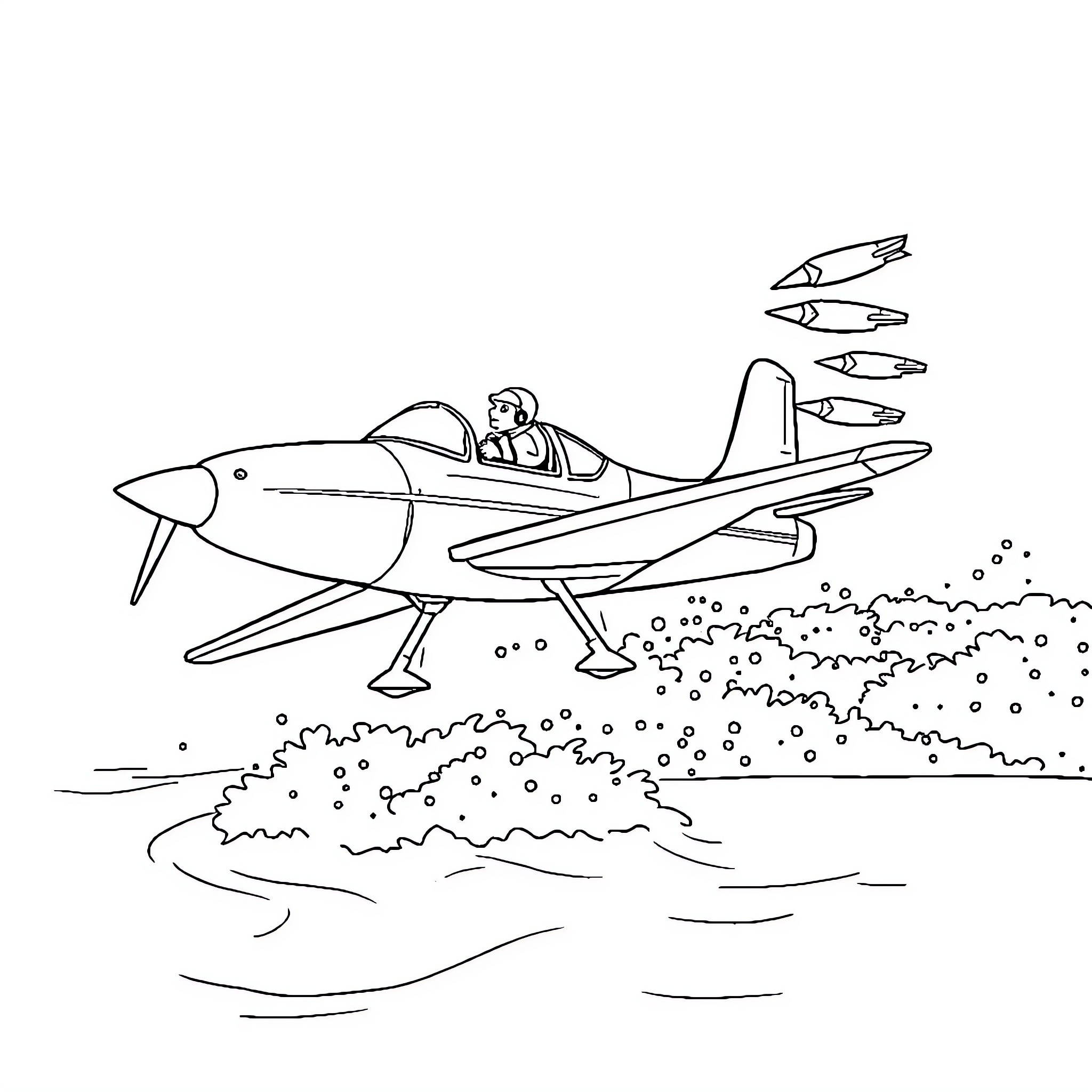 Avión pilotado por un piloto Coloring Page (free black-and-white line drawing printable PDF for all, from beginners to advanced learners, including children, teens, adults, and seniors)
