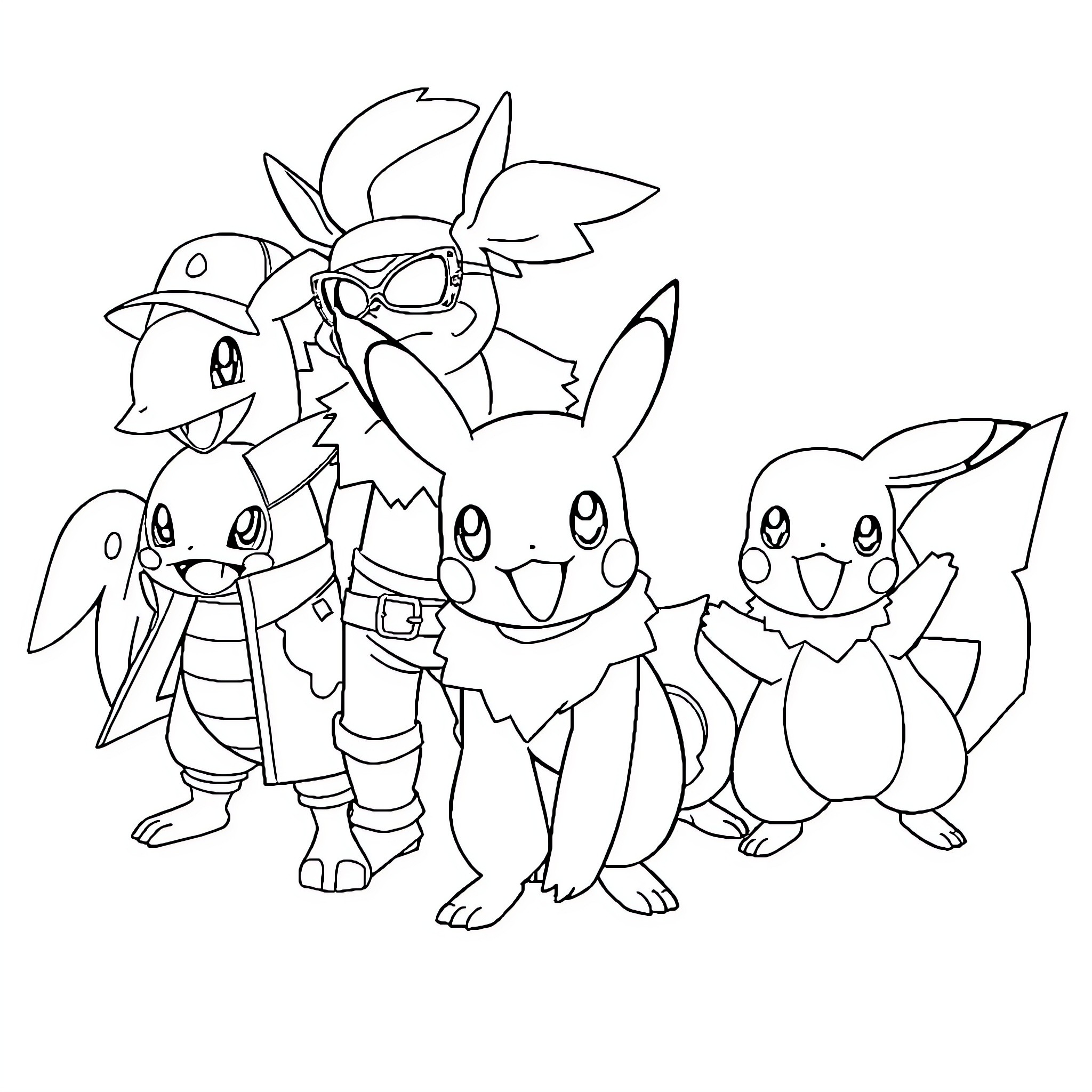 Pokémon characters in an action pose Coloring Page (free black-and-white line drawing printable PDF for all, from beginners to advanced learners, including children, teens, adults, and seniors)