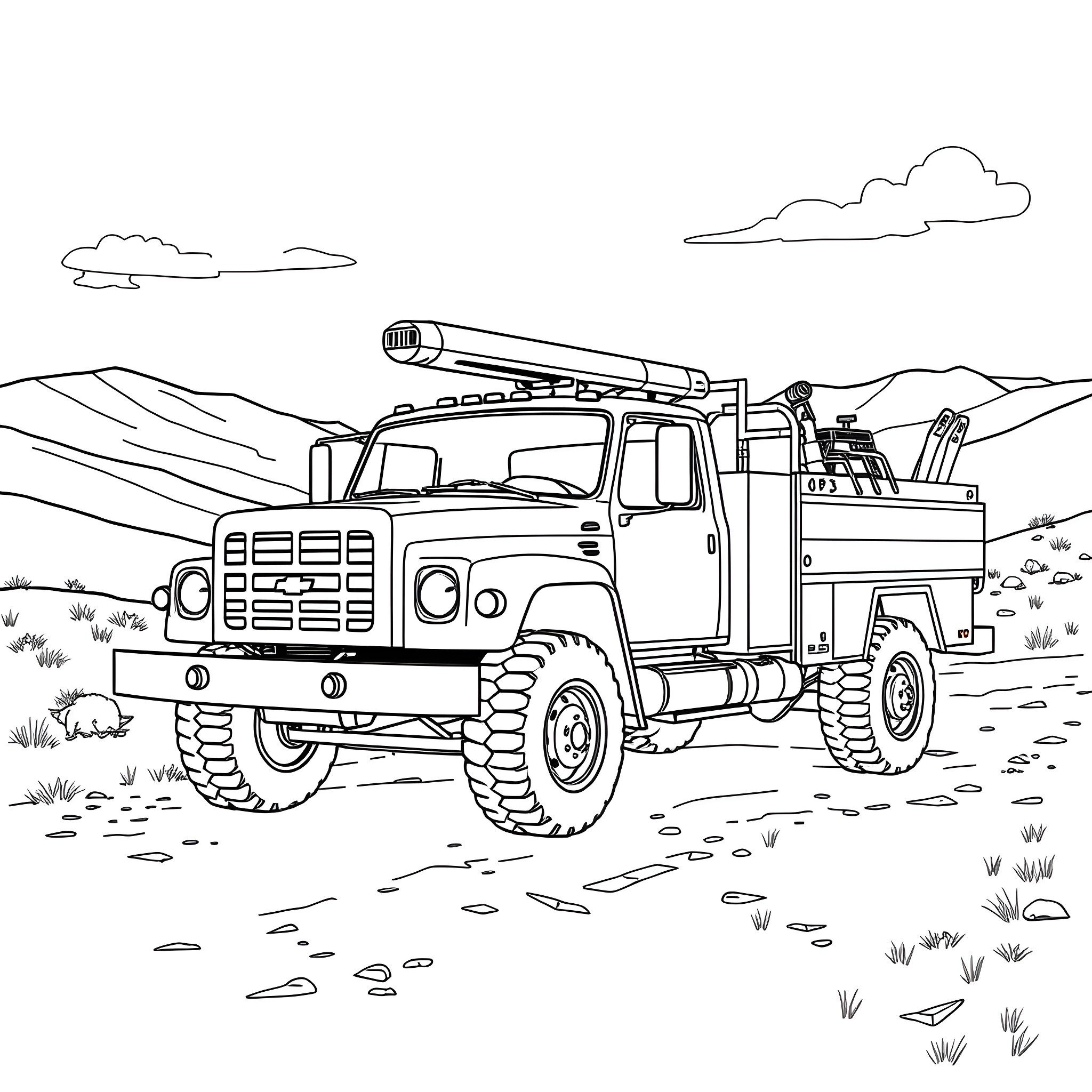 Utility Truck Transporting Supplies in Rugged Terrain Coloring Page (free black-and-white line drawing printable PDF for all, from beginners to advanced learners, including children, teens, adults, and seniors)
