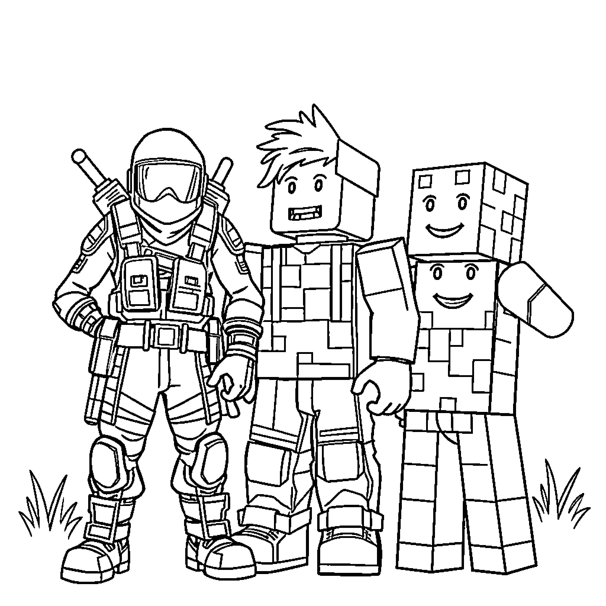 Character Trio in Action-Packed Attire Coloring Page (free black-and-white line drawing printable PDF for all, from beginners to advanced learners, including children, teens, adults, and seniors)