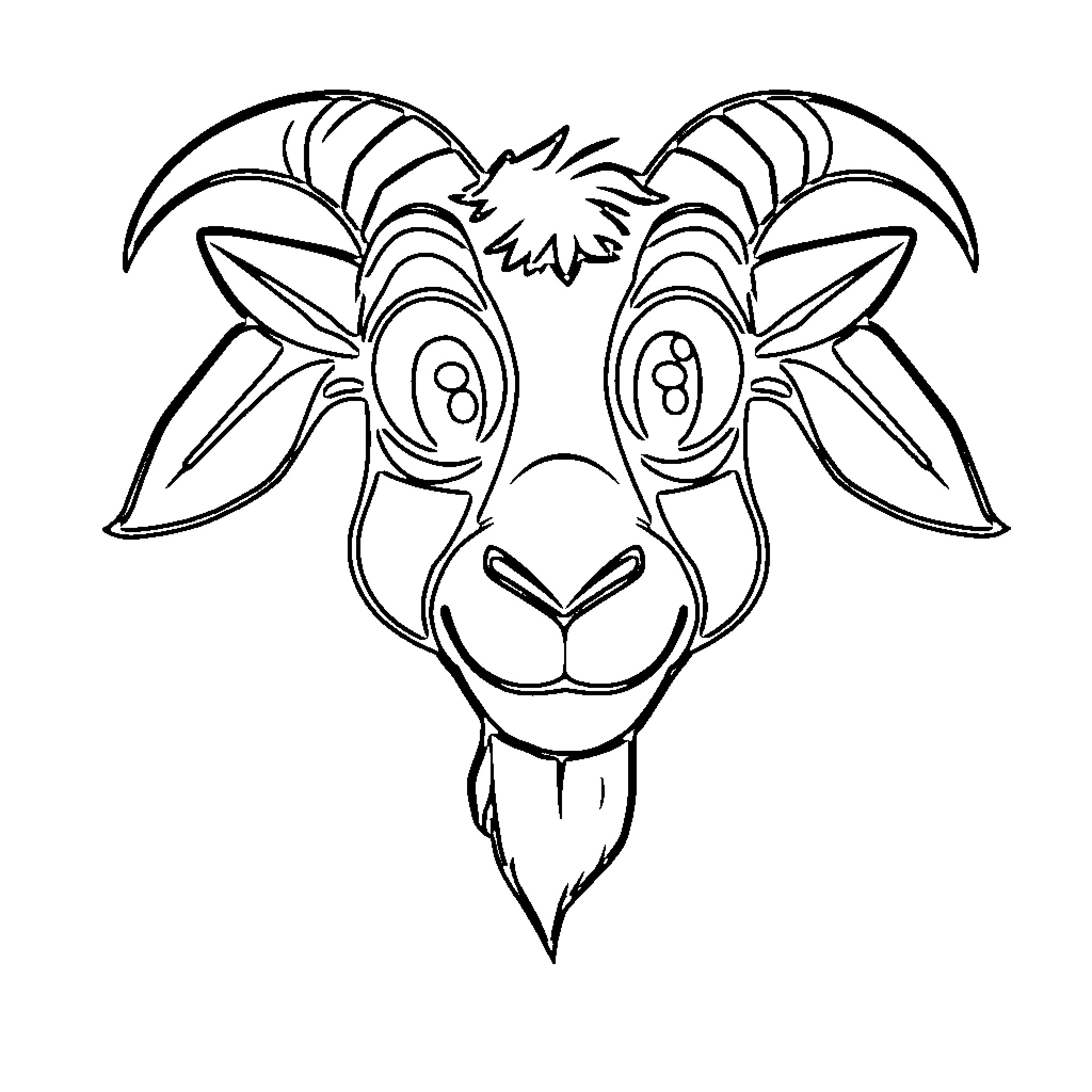 Goat with expressive features and quirky horns Coloring Page (free black-and-white line drawing printable PDF for all, from beginners to advanced learners, including children, teens, adults, and seniors)