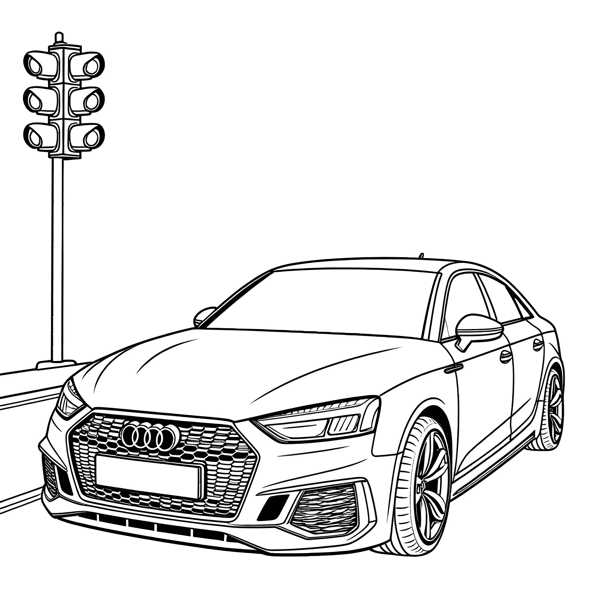 Audi luxury sedan on the road Coloring Page (free black-and-white line drawing printable PDF for all, from beginners to advanced learners, including children, teens, adults, and seniors)