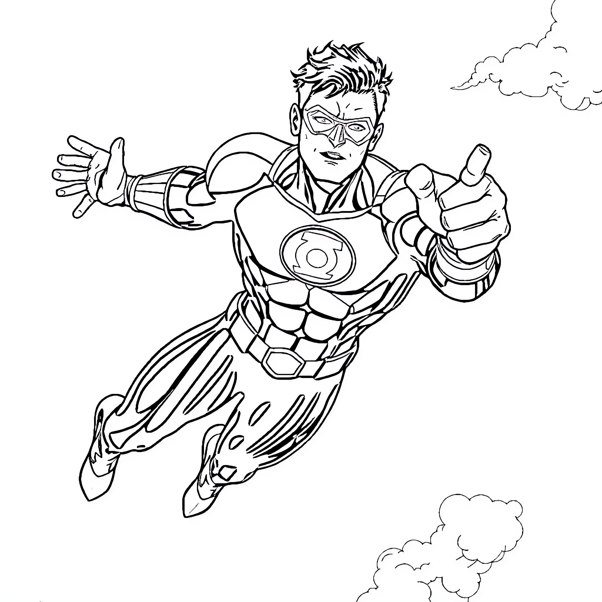 Cyborg superhero in dynamic action pose Coloring Page (free black-and-white line drawing printable PDF for all, from beginners to advanced learners, including children, teens, adults, and seniors)