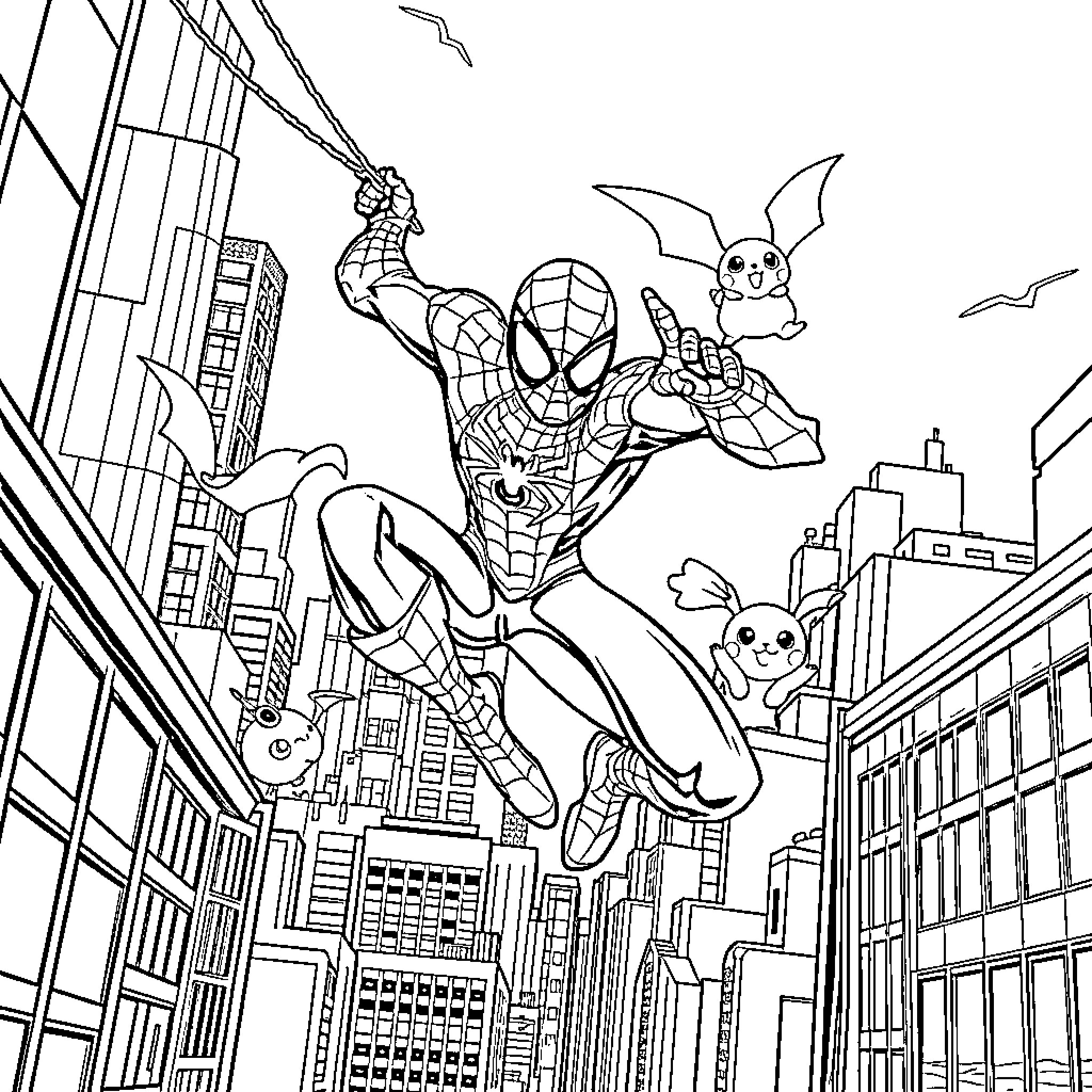Spiderman soaring through the city streets Coloring Page (free black-and-white line drawing printable PDF for all, from beginners to advanced learners, including children, teens, adults, and seniors)