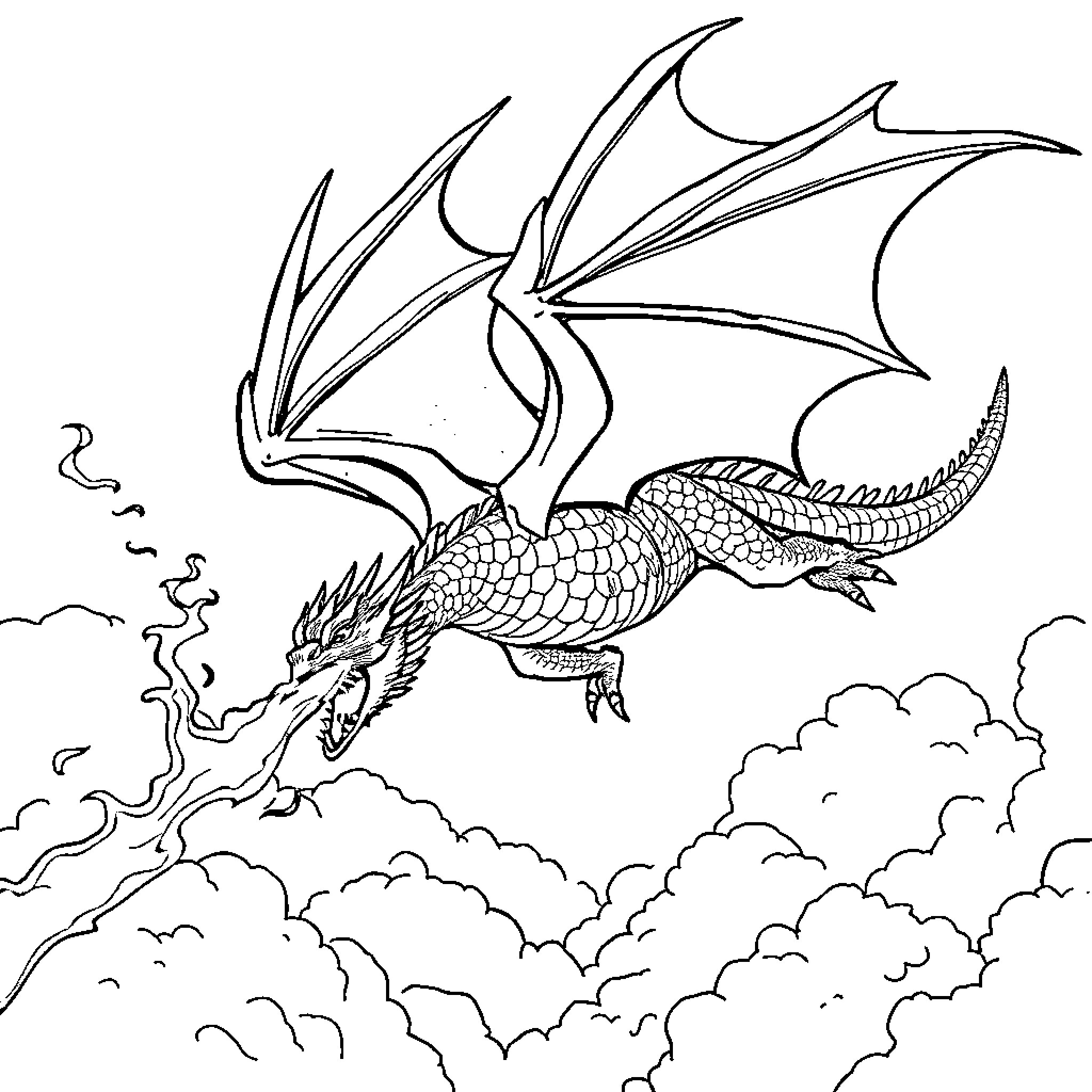 Dragon soaring through the cloudy skies Coloring Page (free black-and-white line drawing printable PDF for all, from beginners to advanced learners, including children, teens, adults, and seniors)