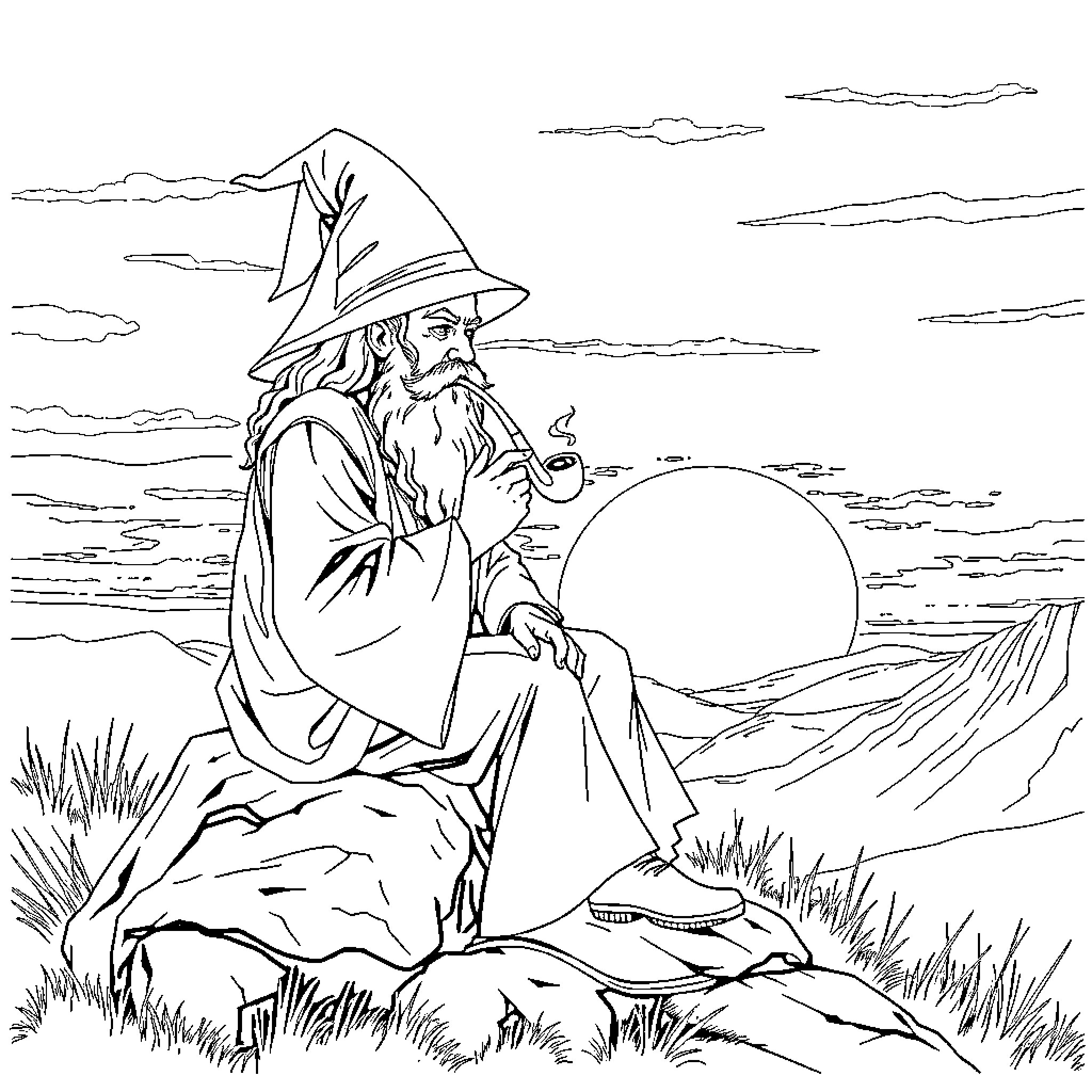 Gandalf the Wizard Contemplating the Landscape Coloring Page (free black-and-white line drawing printable PDF for all, from beginners to advanced learners, including children, teens, adults, and seniors)