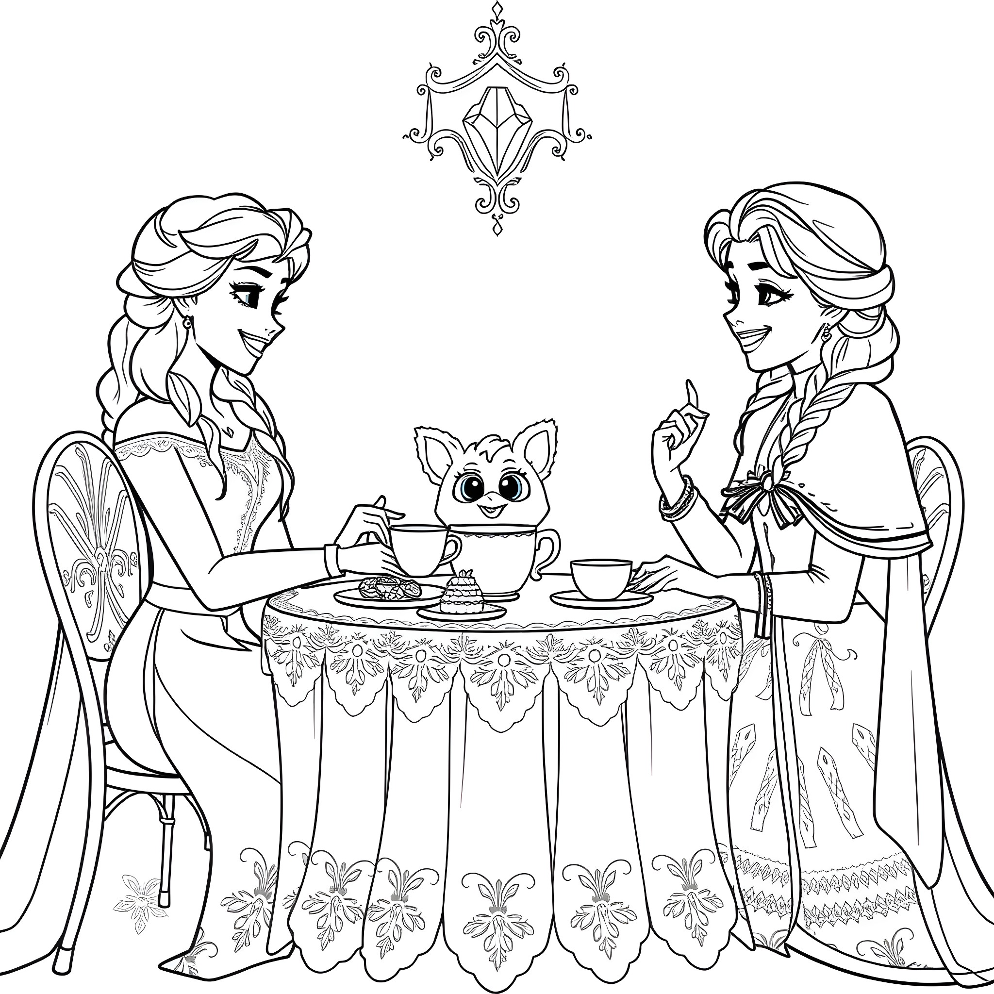 Elsa and Anna sharing a tea party with Olaf Coloring Page (free black-and-white line drawing printable PDF for all, from beginners to advanced learners, including children, teens, adults, and seniors)