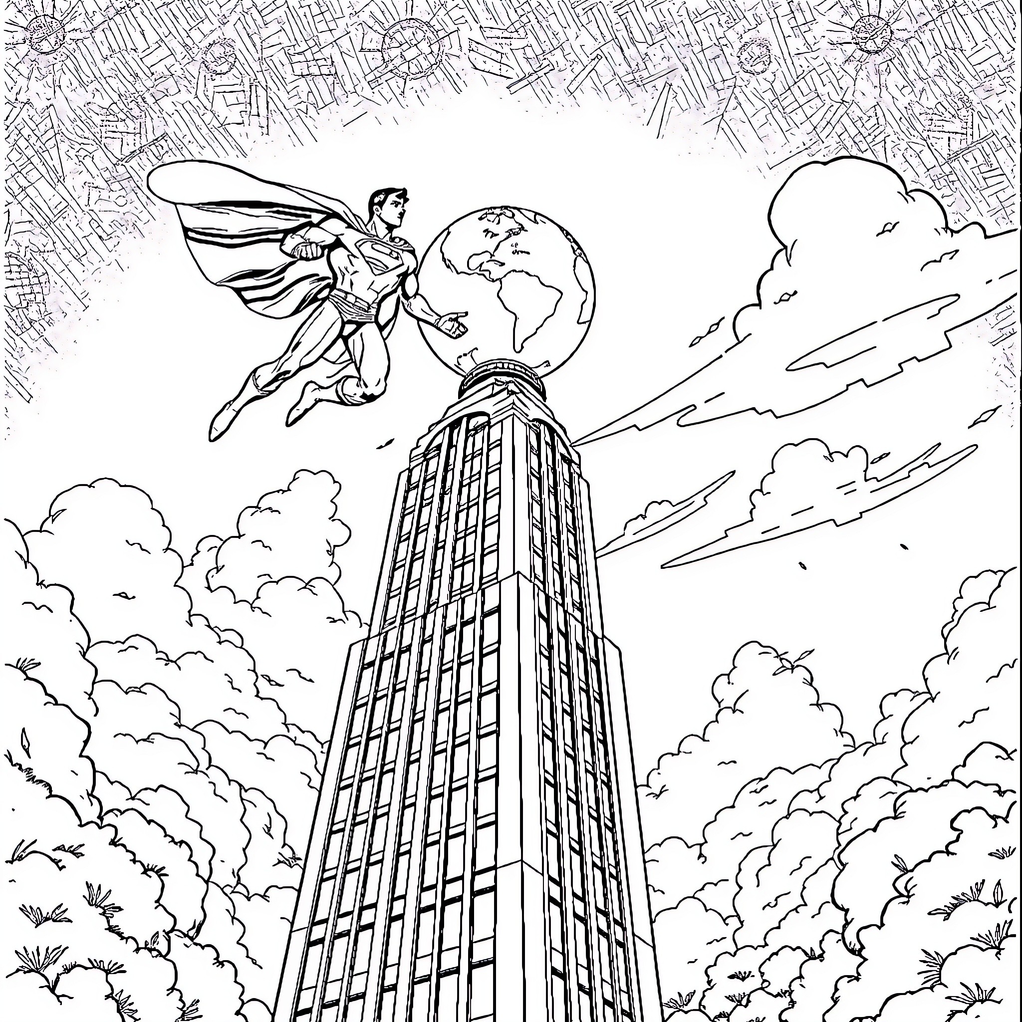 Superman saving the world from above Coloring Page (free black-and-white line drawing printable PDF for all, from beginners to advanced learners, including children, teens, adults, and seniors)