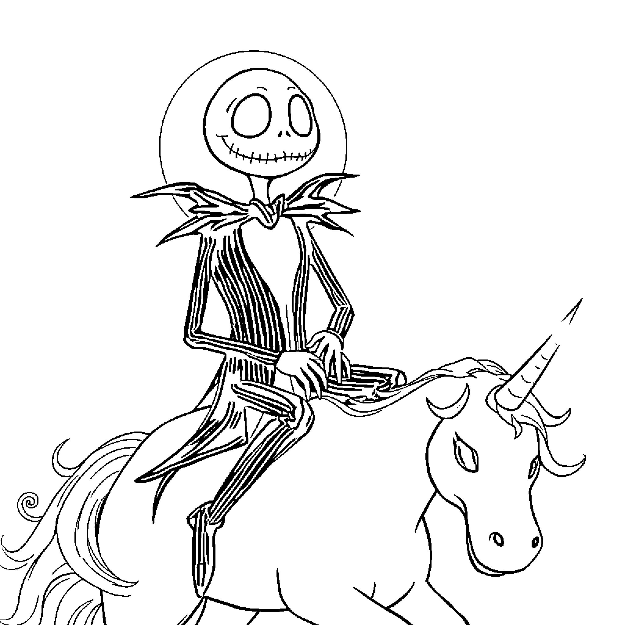 Jack Skellington riding a unicorn in the night Coloring Page (free black-and-white line drawing printable PDF for all, from beginners to advanced learners, including children, teens, adults, and seniors)