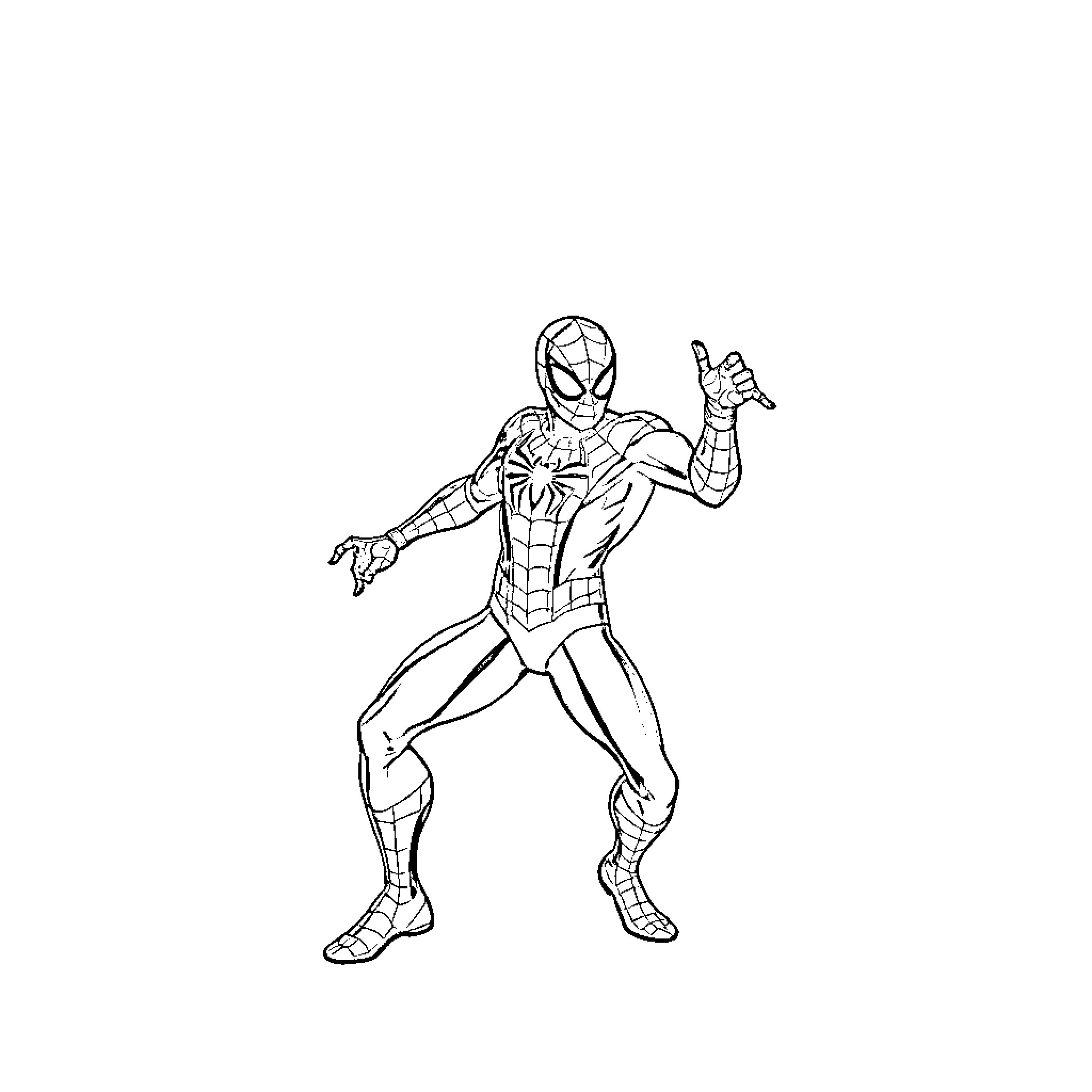 Spiderman in action pose with web shooting Coloring Page (free black-and-white line drawing printable PDF for all, from beginners to advanced learners, including children, teens, adults, and seniors)