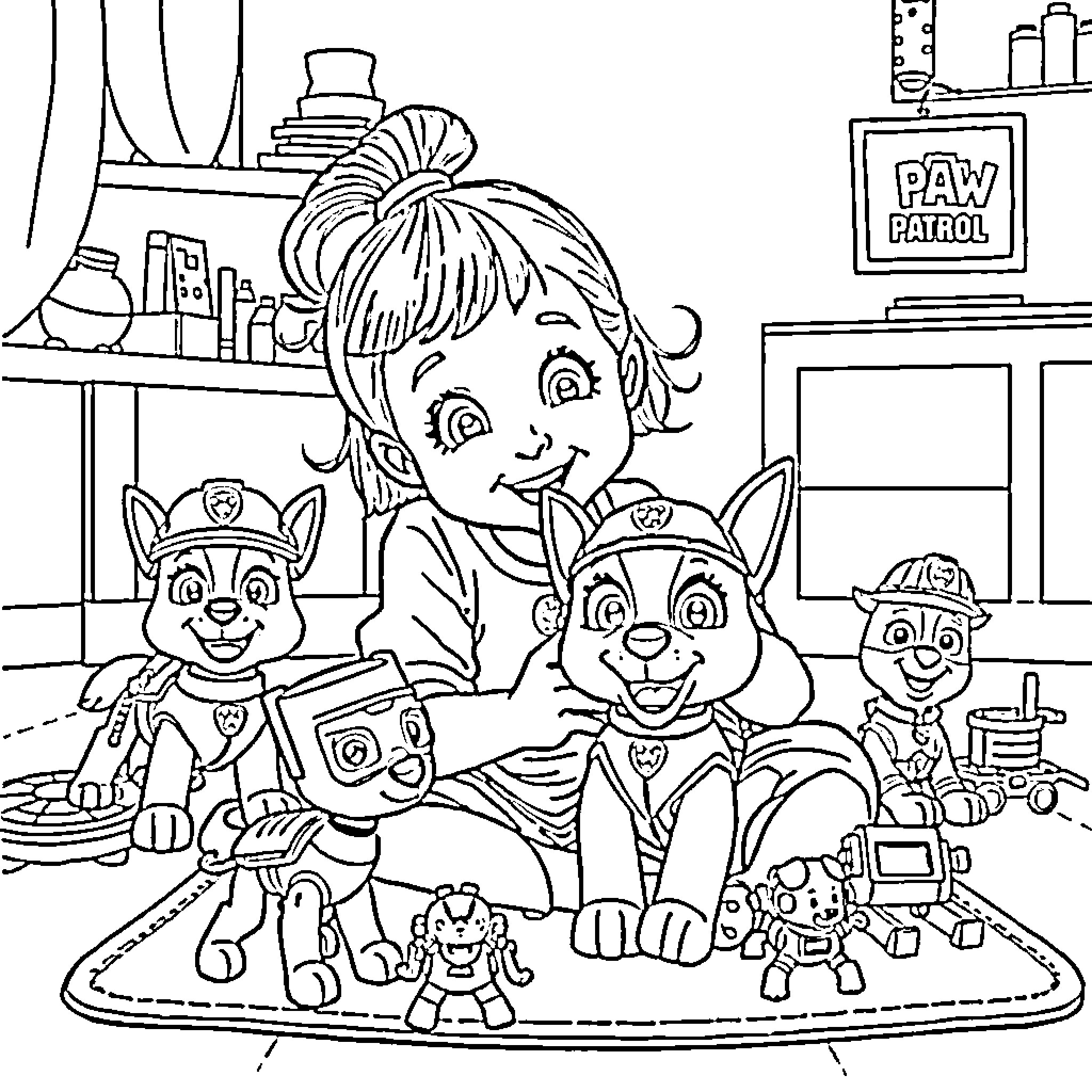 Girl playing with Paw Patrol puppies in room Coloring Page (free black-and-white line drawing printable PDF for all, from beginners to advanced learners, including children, teens, adults, and seniors)