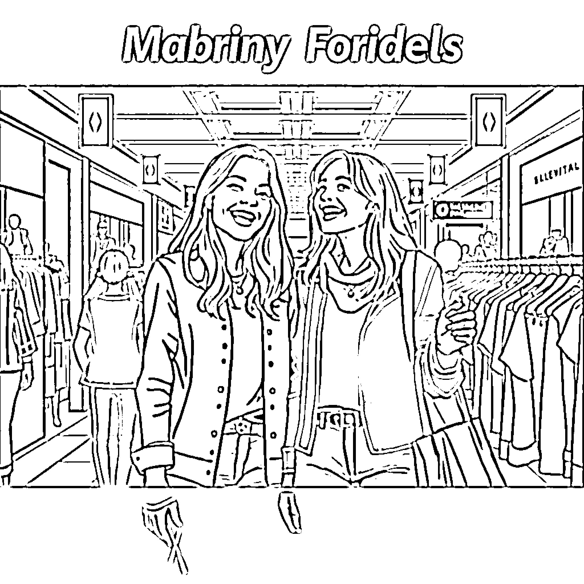 Friend shopping happily in the clothing store Coloring Page (free black-and-white line drawing printable PDF for all, from beginners to advanced learners, including children, teens, adults, and seniors)