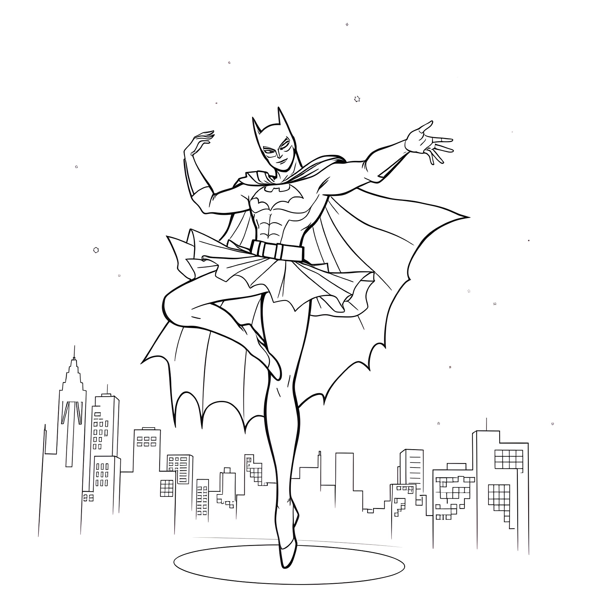 Batman Soaring Over Gotham City Coloring Page (free black-and-white line drawing printable PDF for all, from beginners to advanced learners, including children, teens, adults, and seniors)