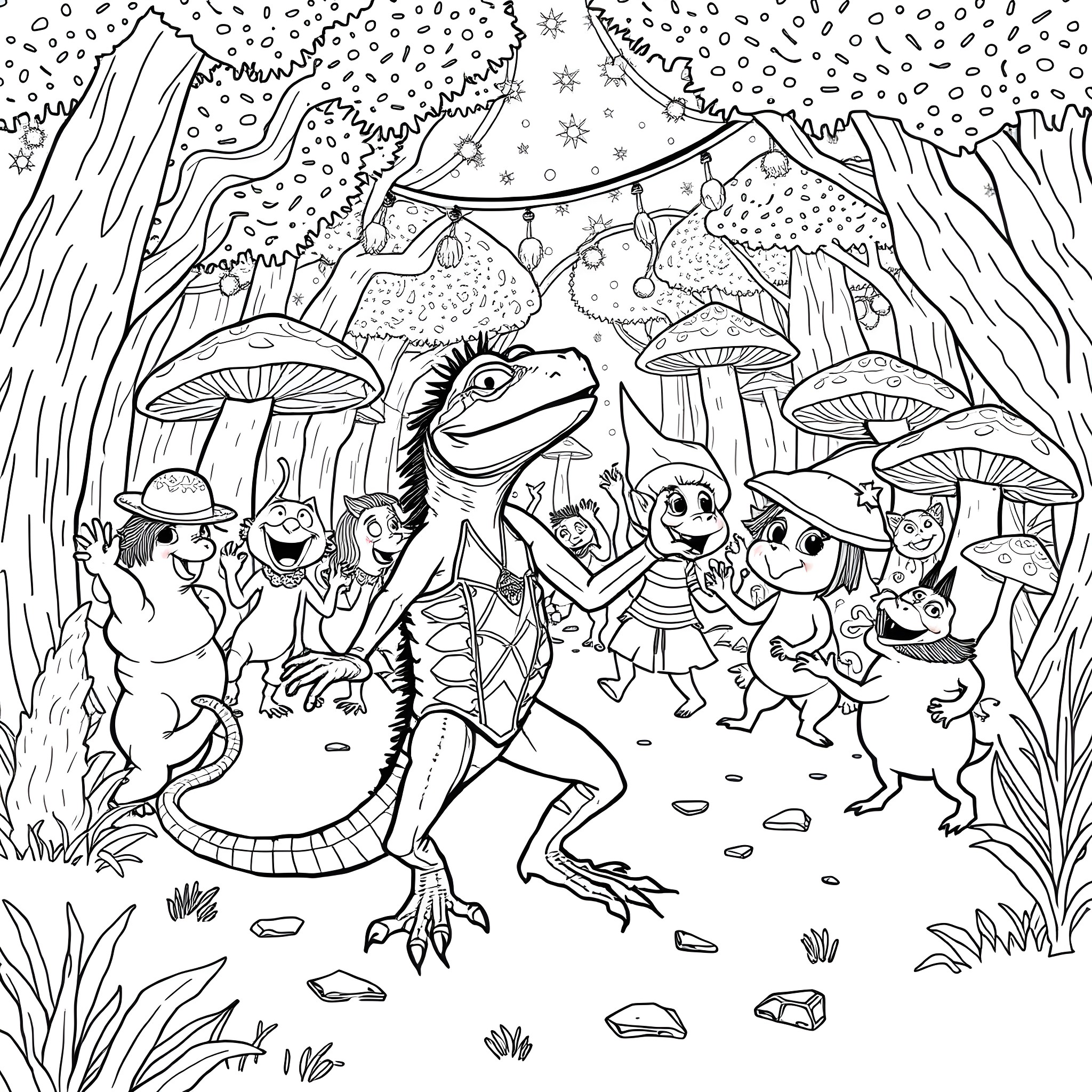 Lizard exploring the whimsical forest with mushroom friends Coloring Page (free black-and-white line drawing printable PDF for all, from beginners to advanced learners, including children, teens, adults, and seniors)